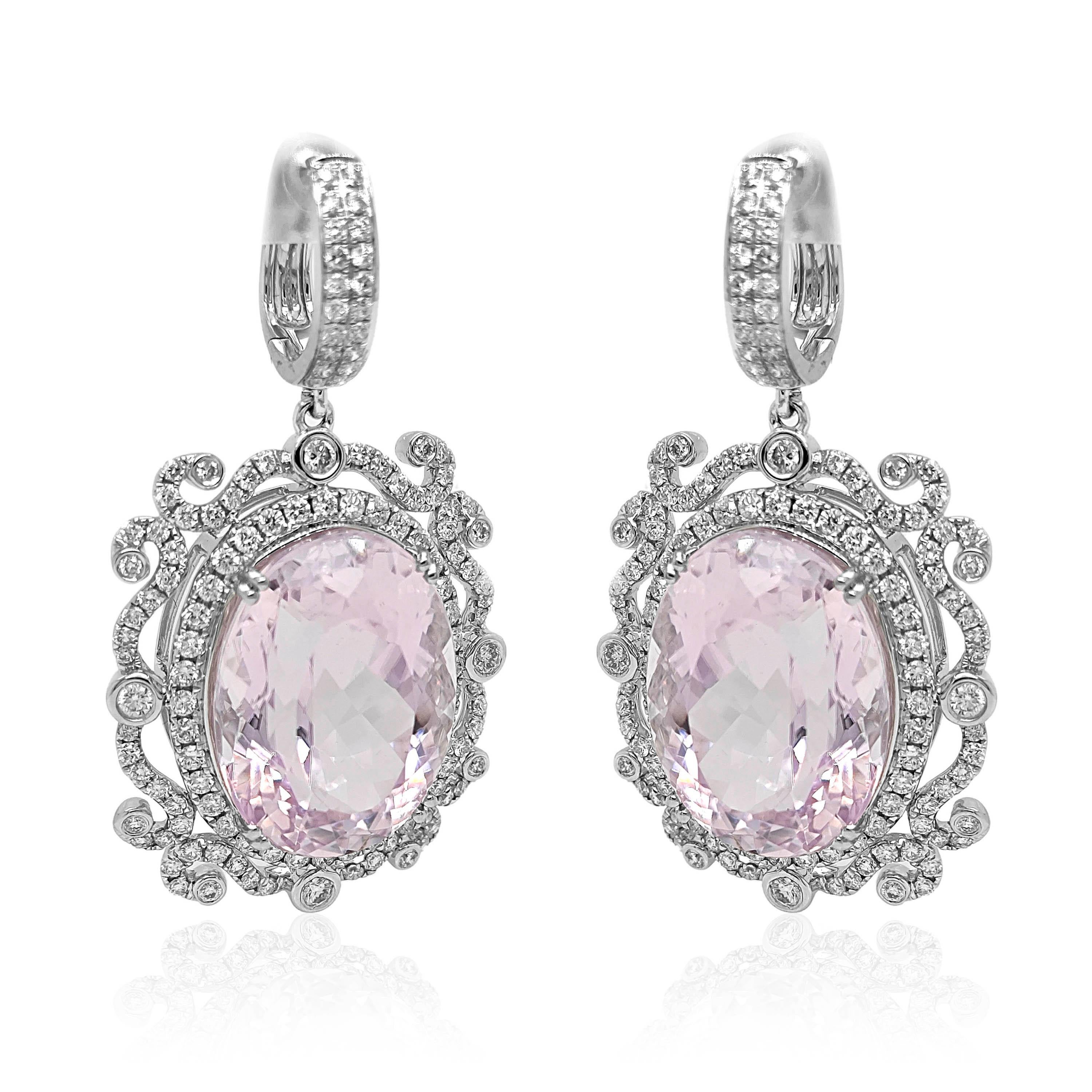 Women's 50.58 Carat Kunzite and White Diamond White Gold Earrings For Sale