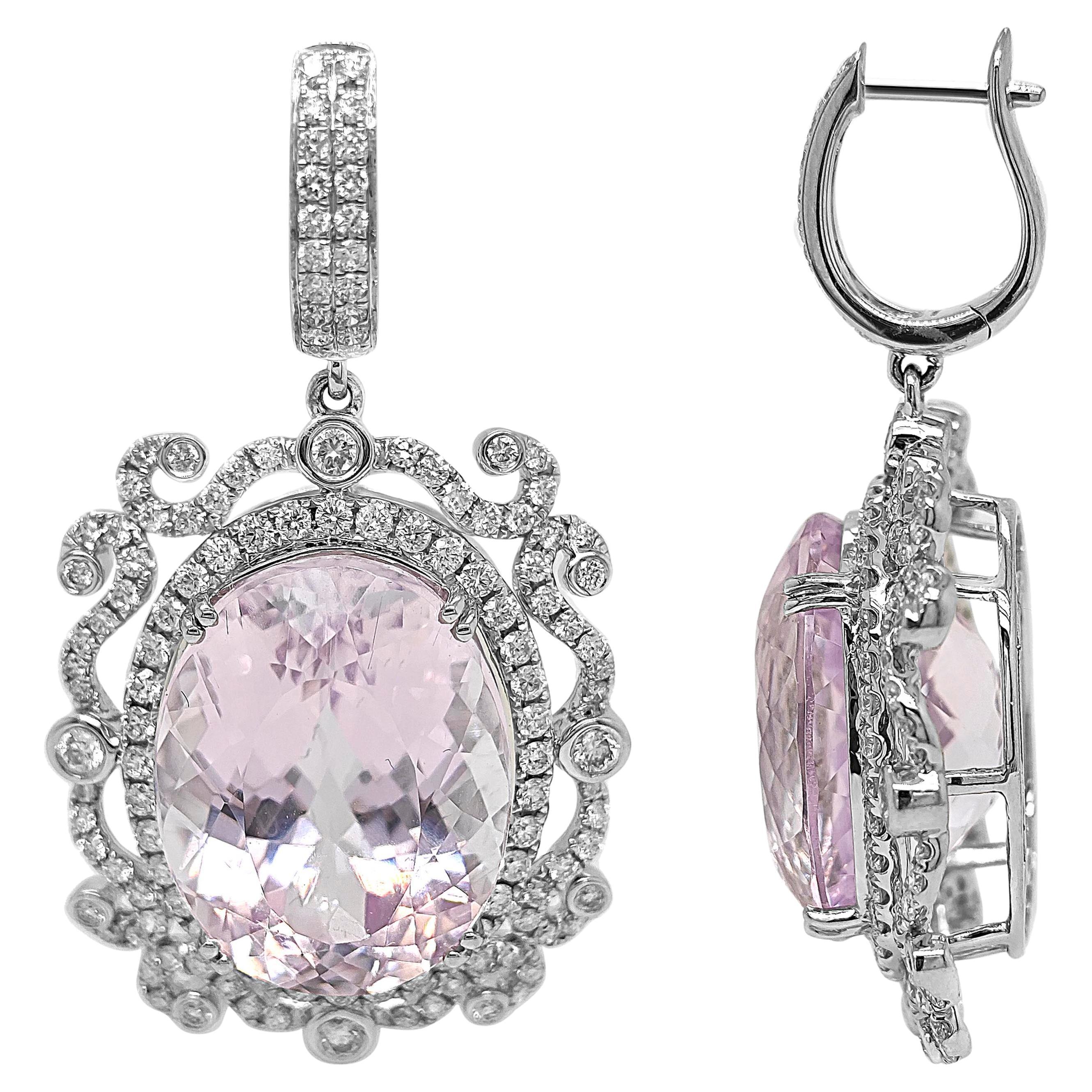 50.58 Carat Kunzite and White Diamond White Gold Earrings