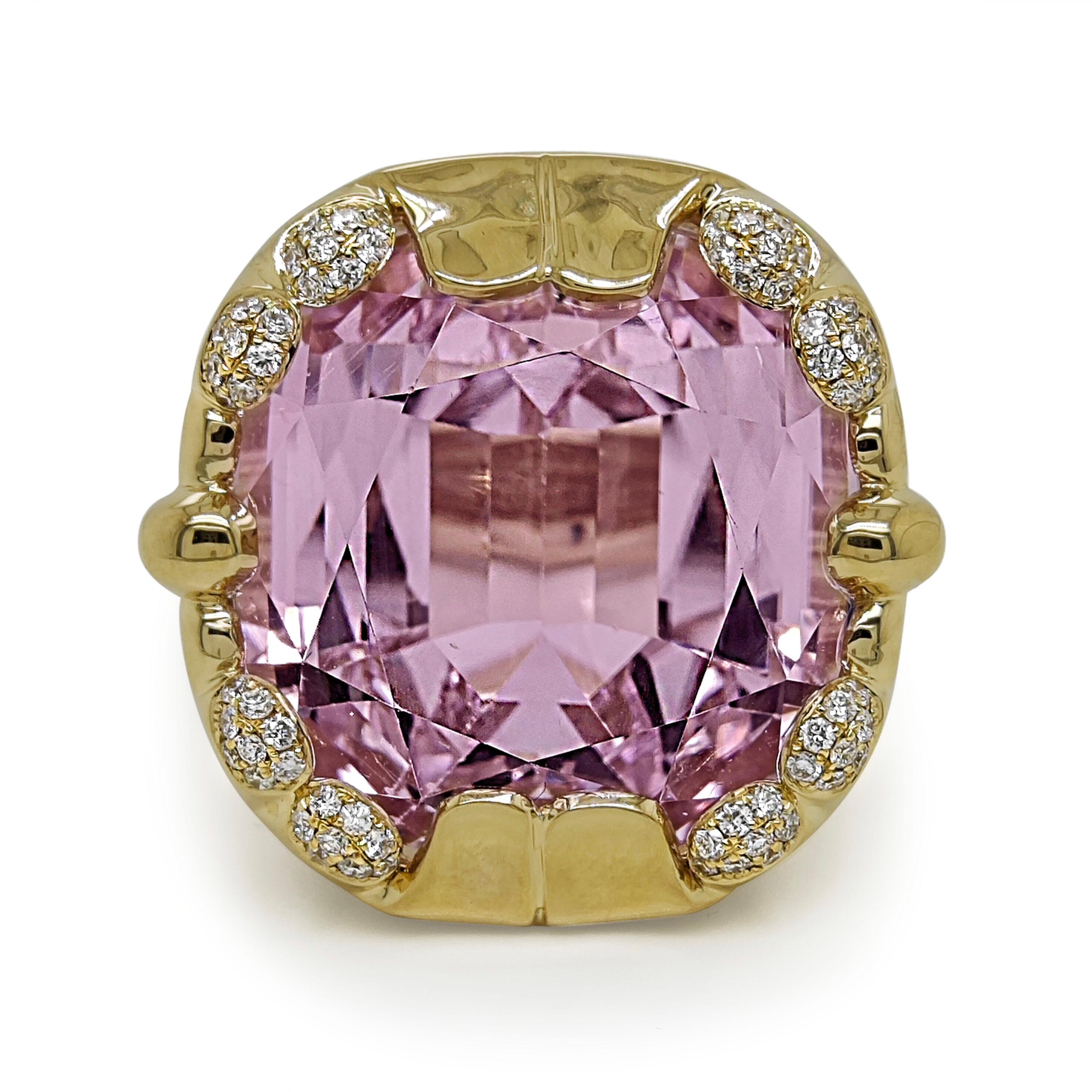 Women's 50.58 Carats Kunzite and White Diamond Yellow Gold Cocktail Ring For Sale