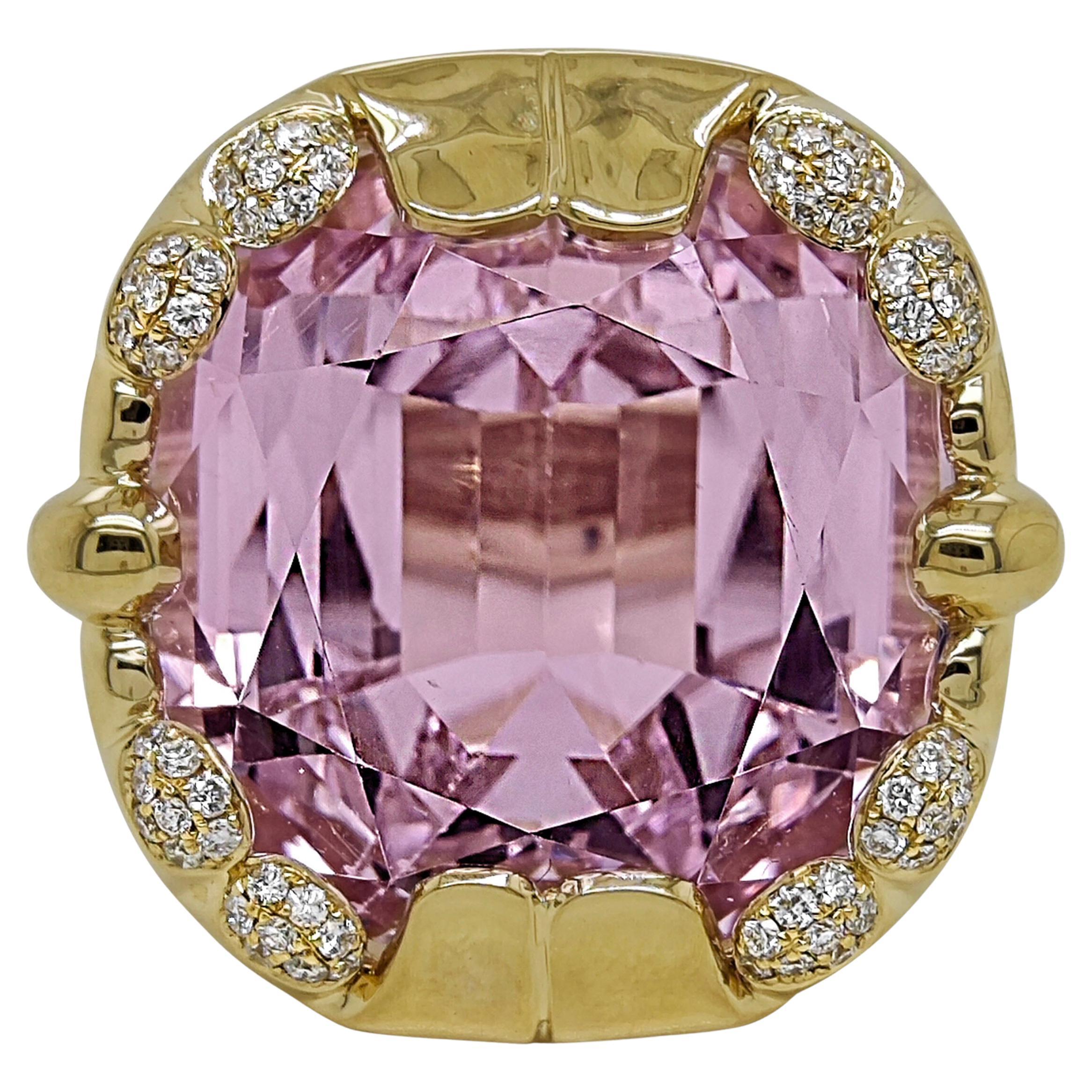 50.58 Carats Kunzite and White Diamond Yellow Gold Cocktail Ring
