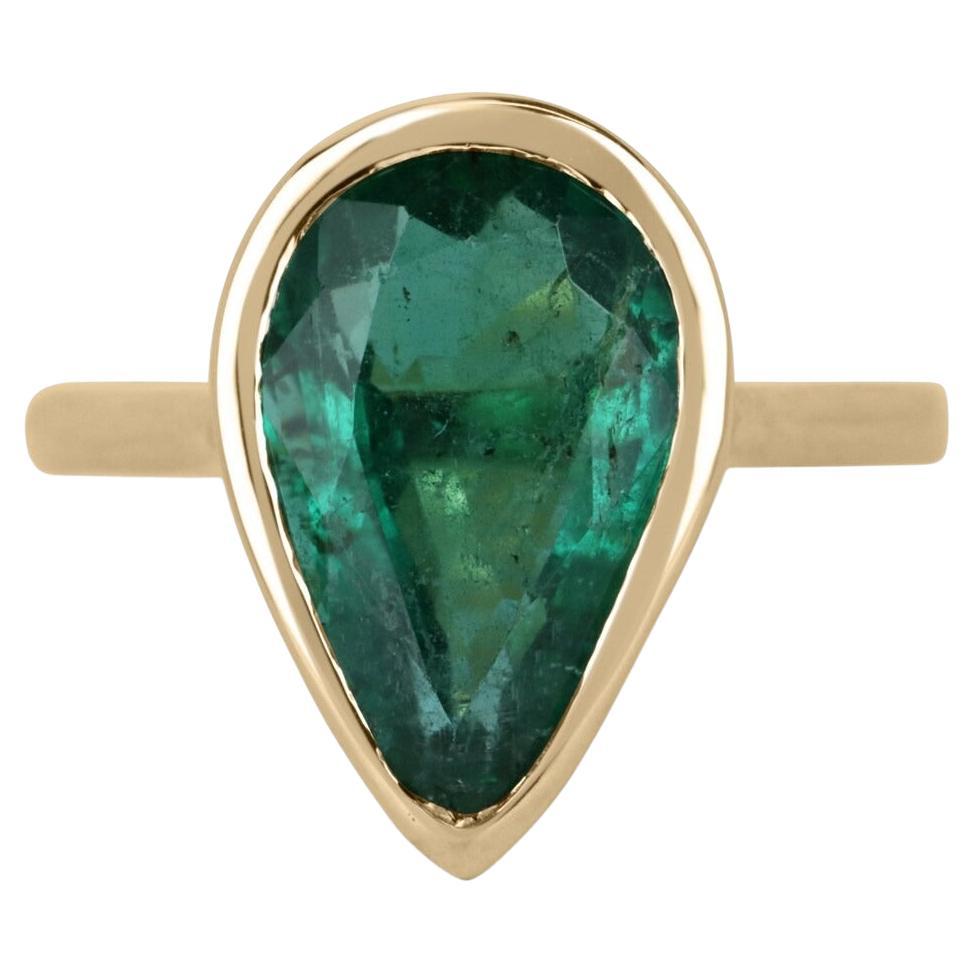 5.05ct 18K Large Dark Forest Green Pear Cut Emerald Solitaire Bezel Gold Ring For Sale