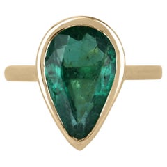 5.05ct 18K Large Dark Forest Green Pear Cut Emerald Solitaire Bezel Gold Ring