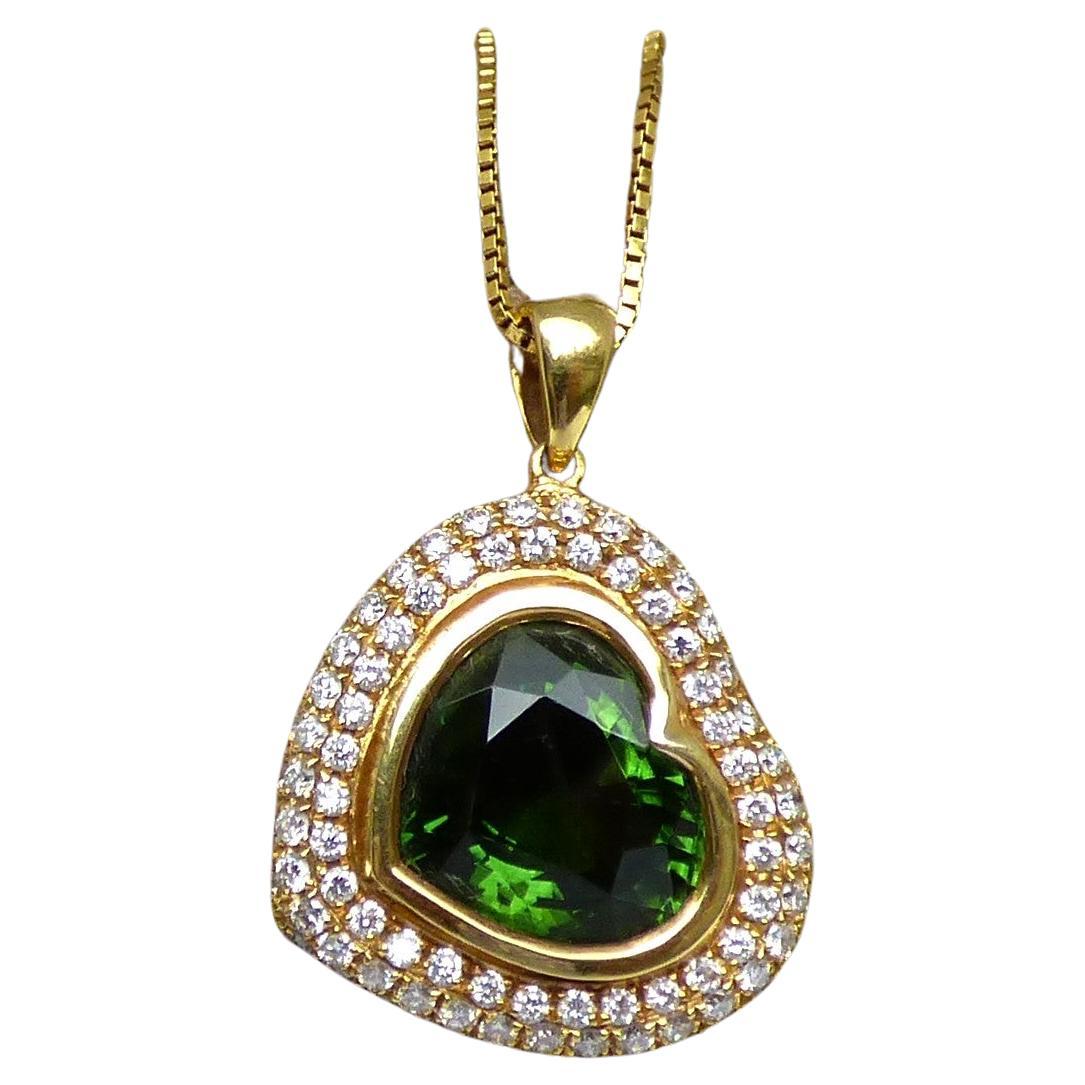5.05ct Heart shaped Green Tourmaline and Diamond Pendant in 18K Gold For Sale