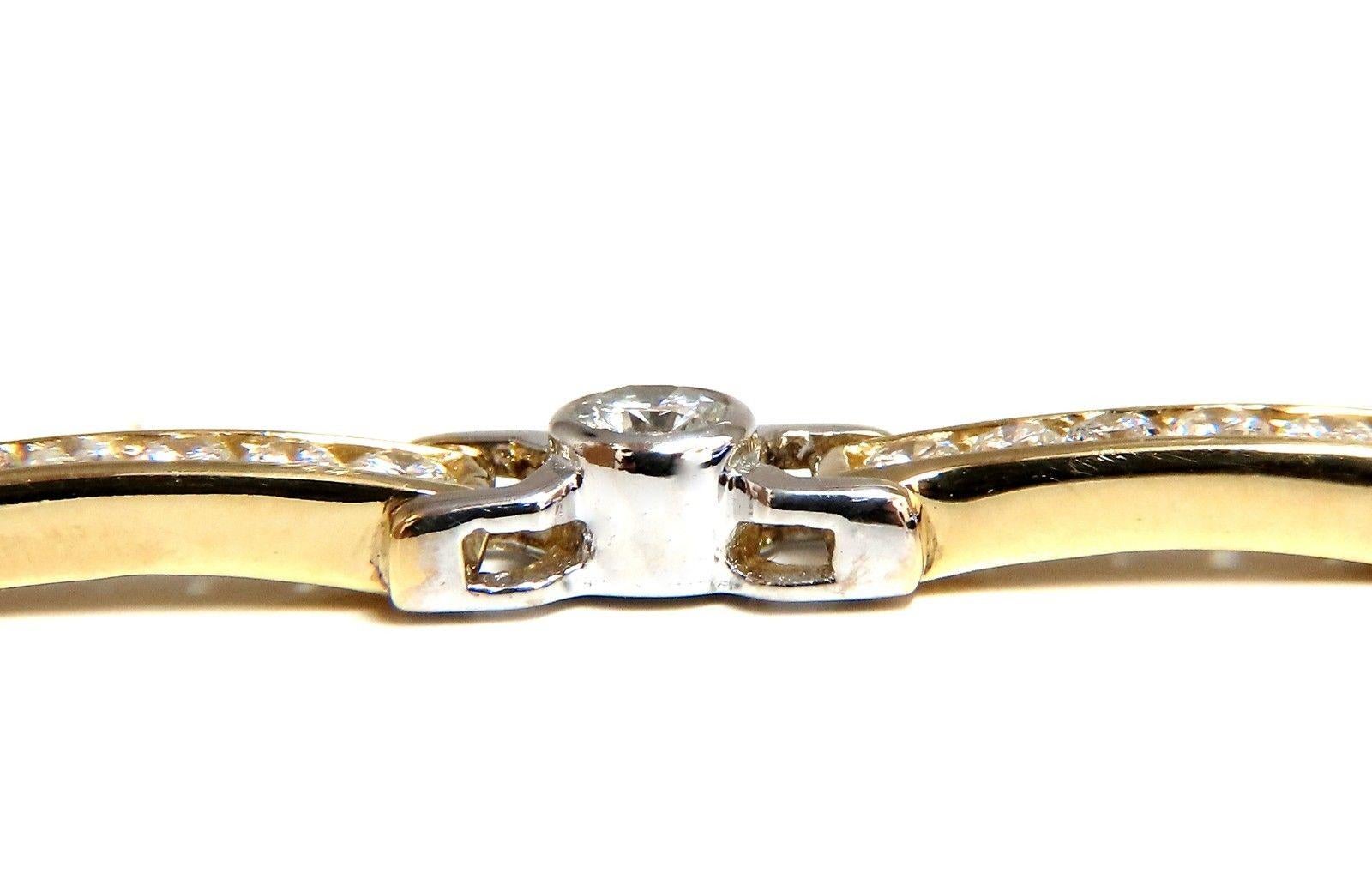 Channel & Flush Bezel Smooth Link Bracelet
5.05ct. natural diamonds.

Rounds, Full cut brilliants

H colors Si-1 clarity.

14kt. yellow & white gold

17.8 Grams.

7.25 Inches long (wearable length)

5.8mm wide

pressure clasp and safety catch