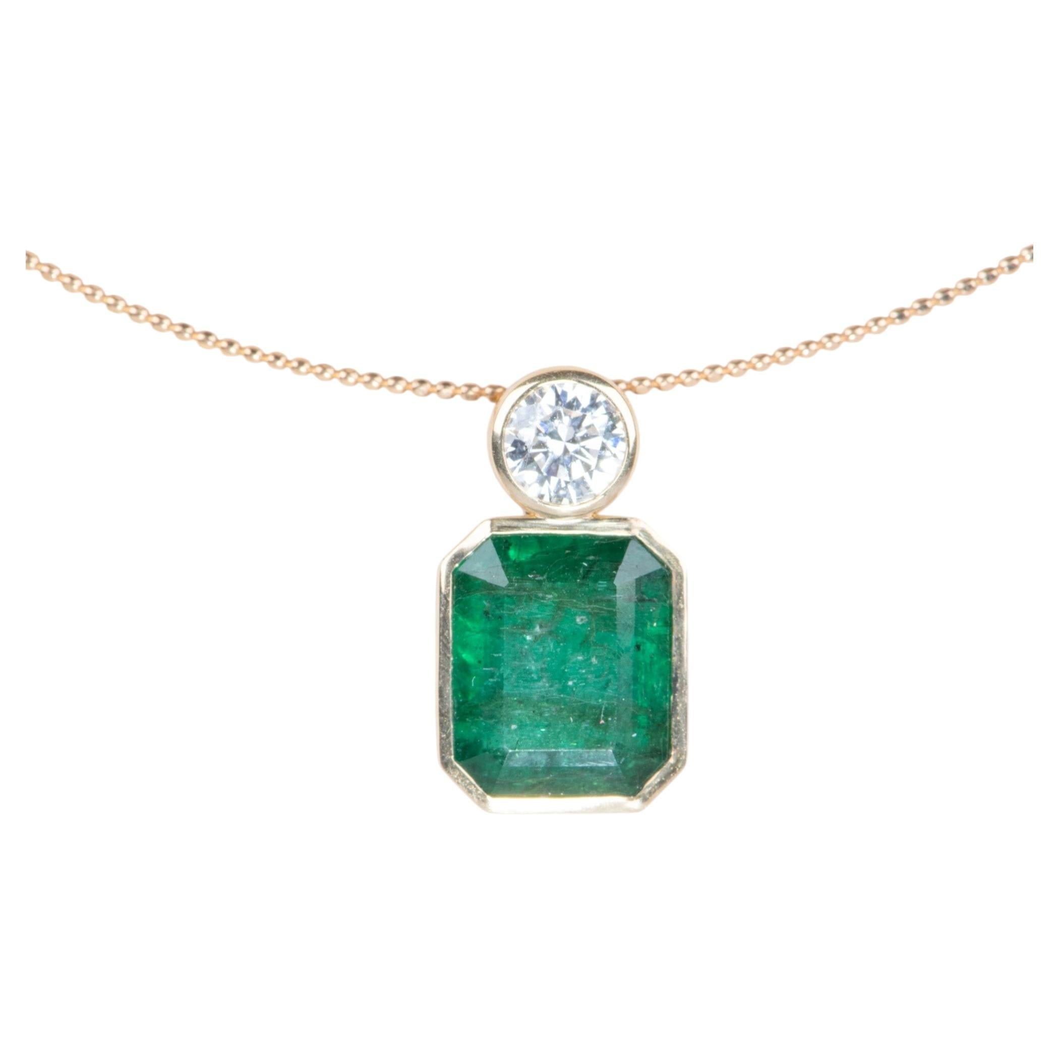5.05ct Natural Zambian Emerald and Lab Diamond Pendant 14K Gold R4712