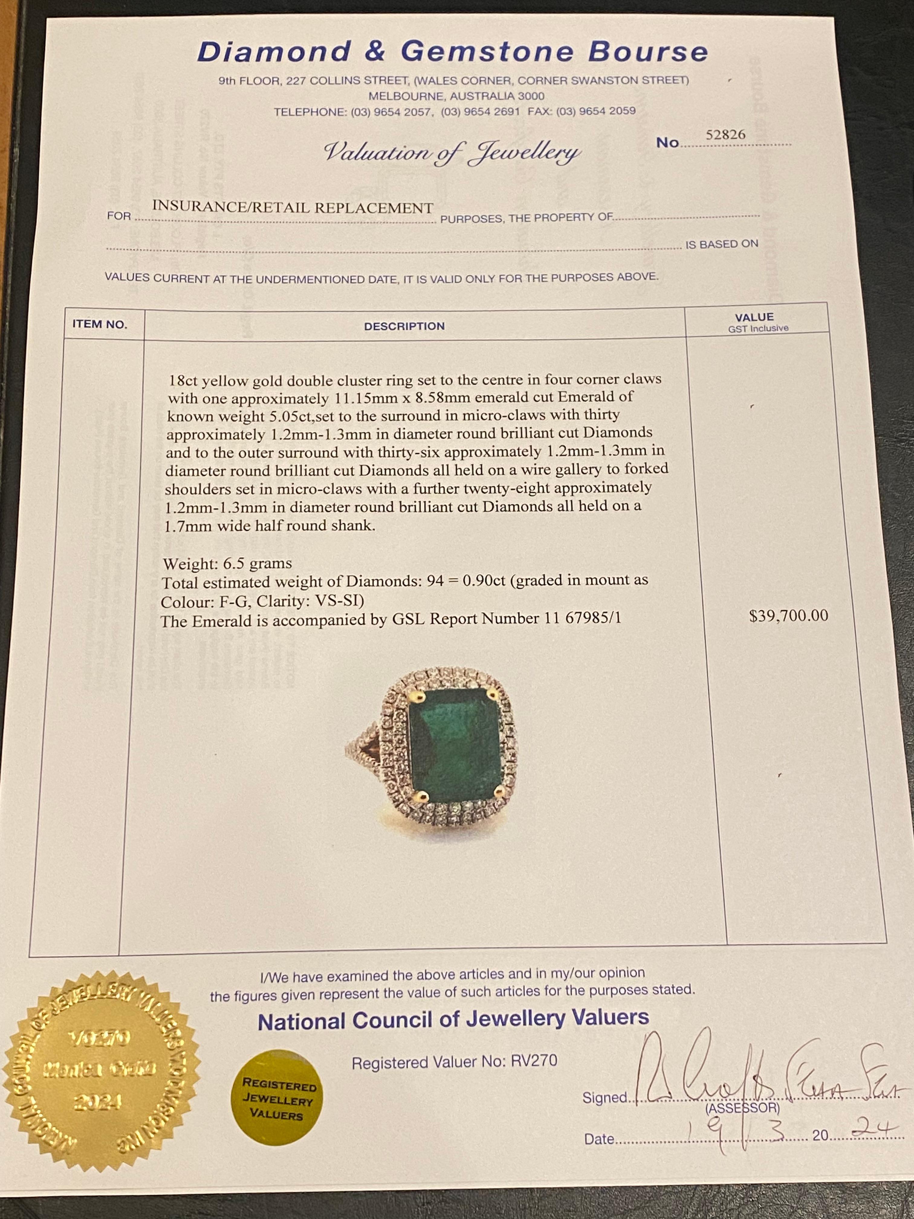 5.05ct Natural Zambian Emerald & Diamond 18K Yellow Gold Ring + GSL Certified. For Sale 4