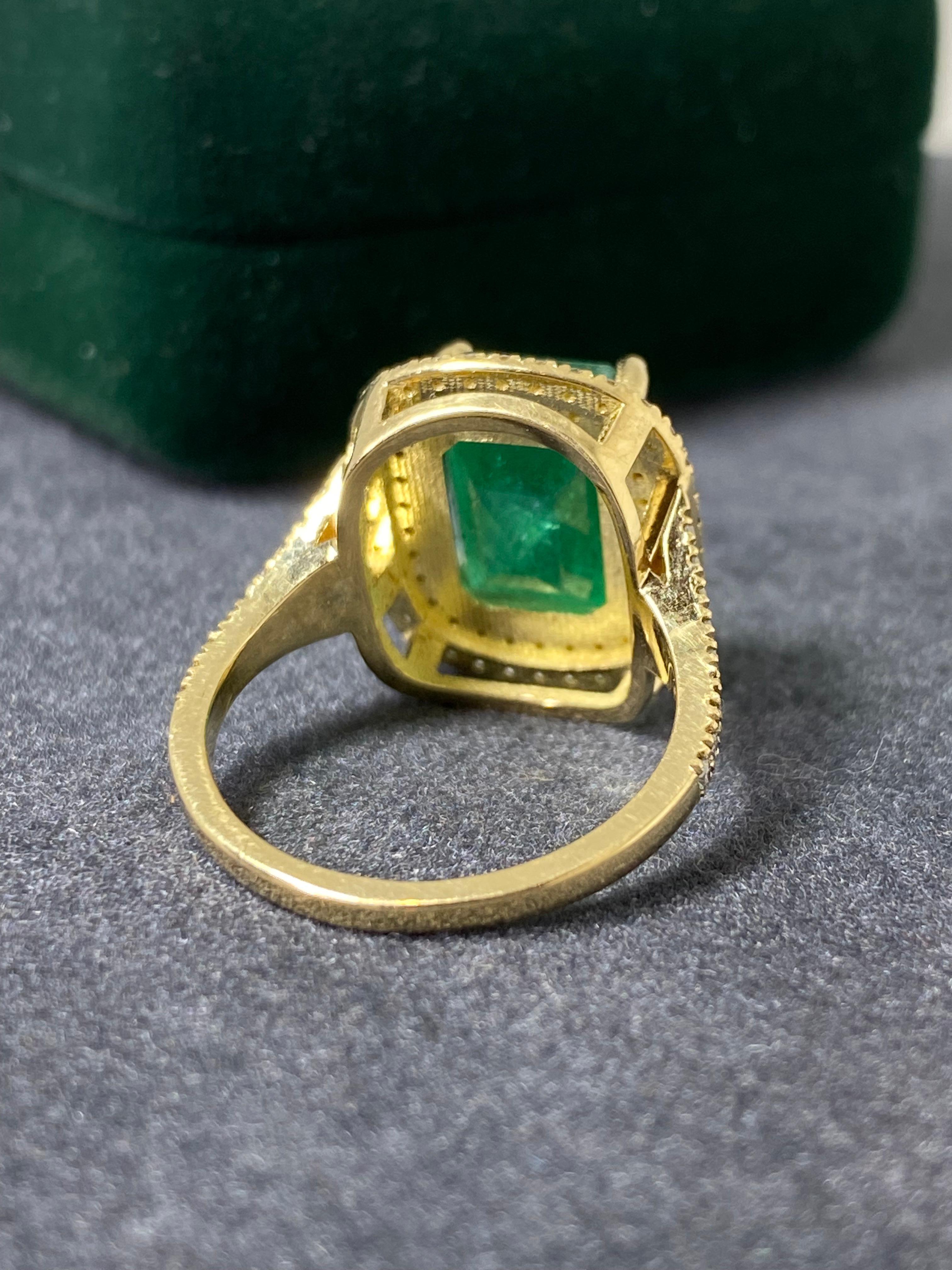 Emerald Cut 5.05ct Natural Zambian Emerald & Diamond 18K Yellow Gold Ring + GSL Certified. For Sale