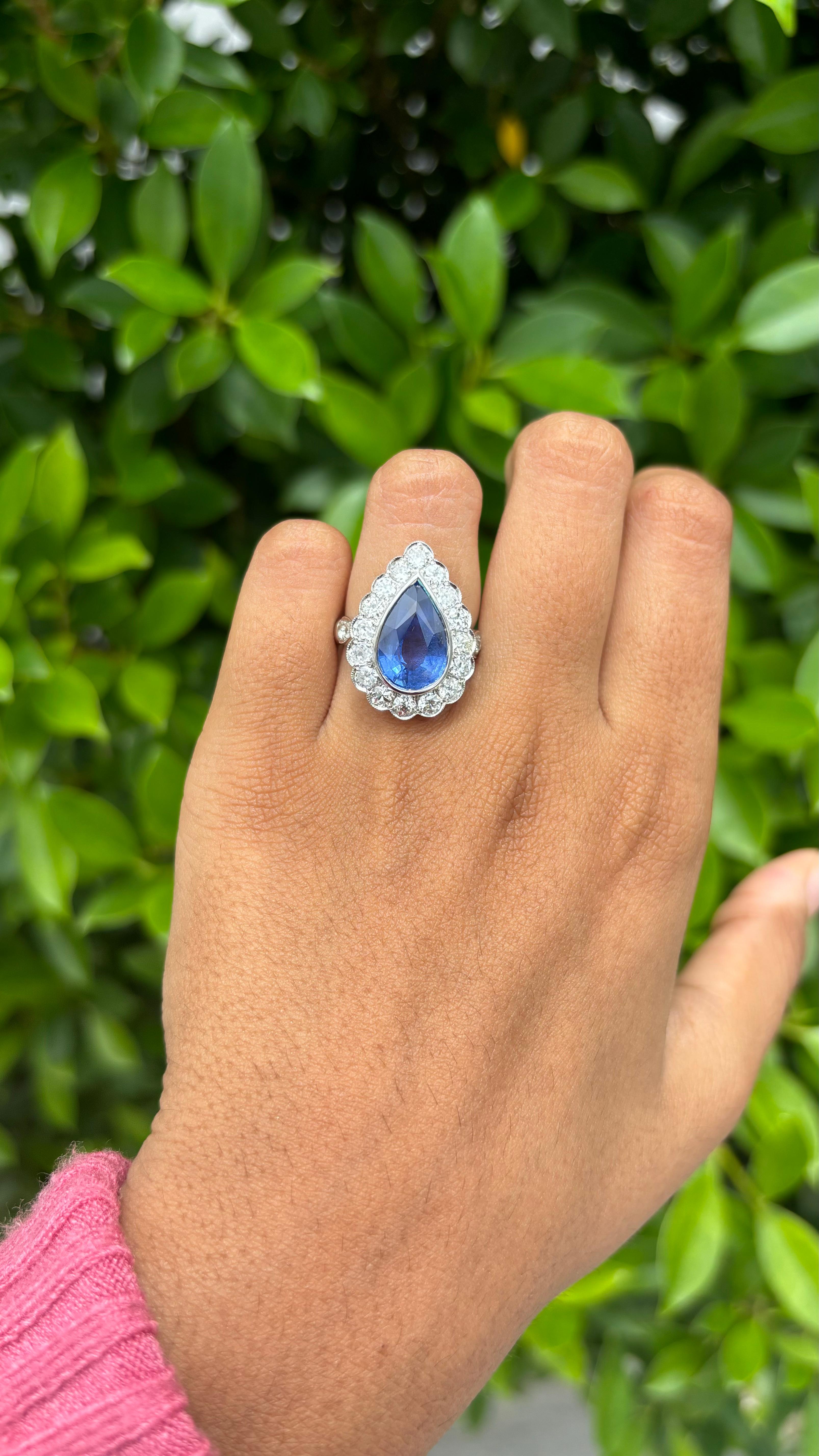Anello Art Deco in oro bianco 18 carati con zaffiro di Ceylon e diamanti 5,05 ct. 5
