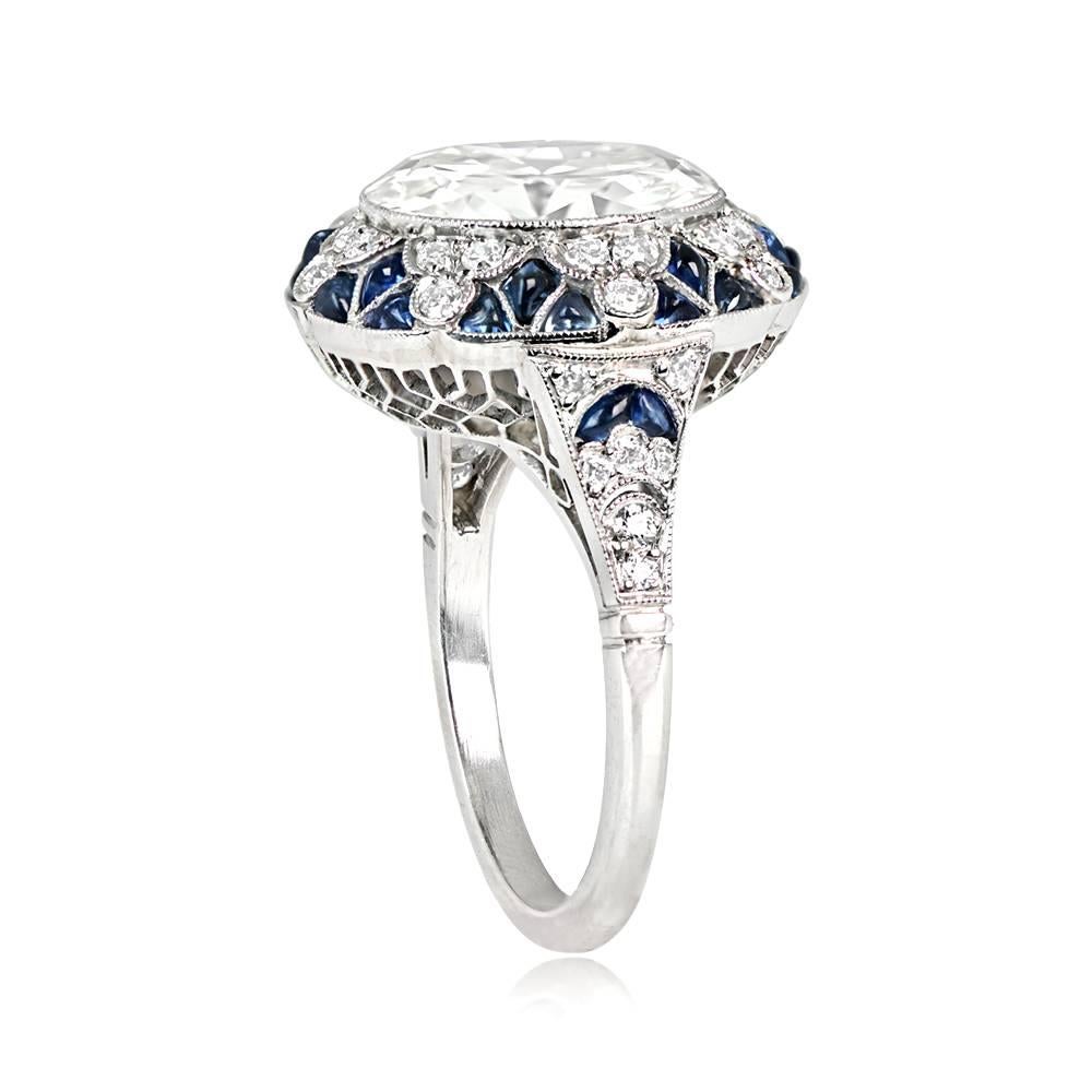Art Deco 5.05ct Transitional Cut Diamond Ring with Geometric Starburst Halo and Sapphire