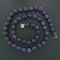 505ctw Round Bead Amethyst Strand Necklace W/ 14k Gold Pearl Ruby Clasp