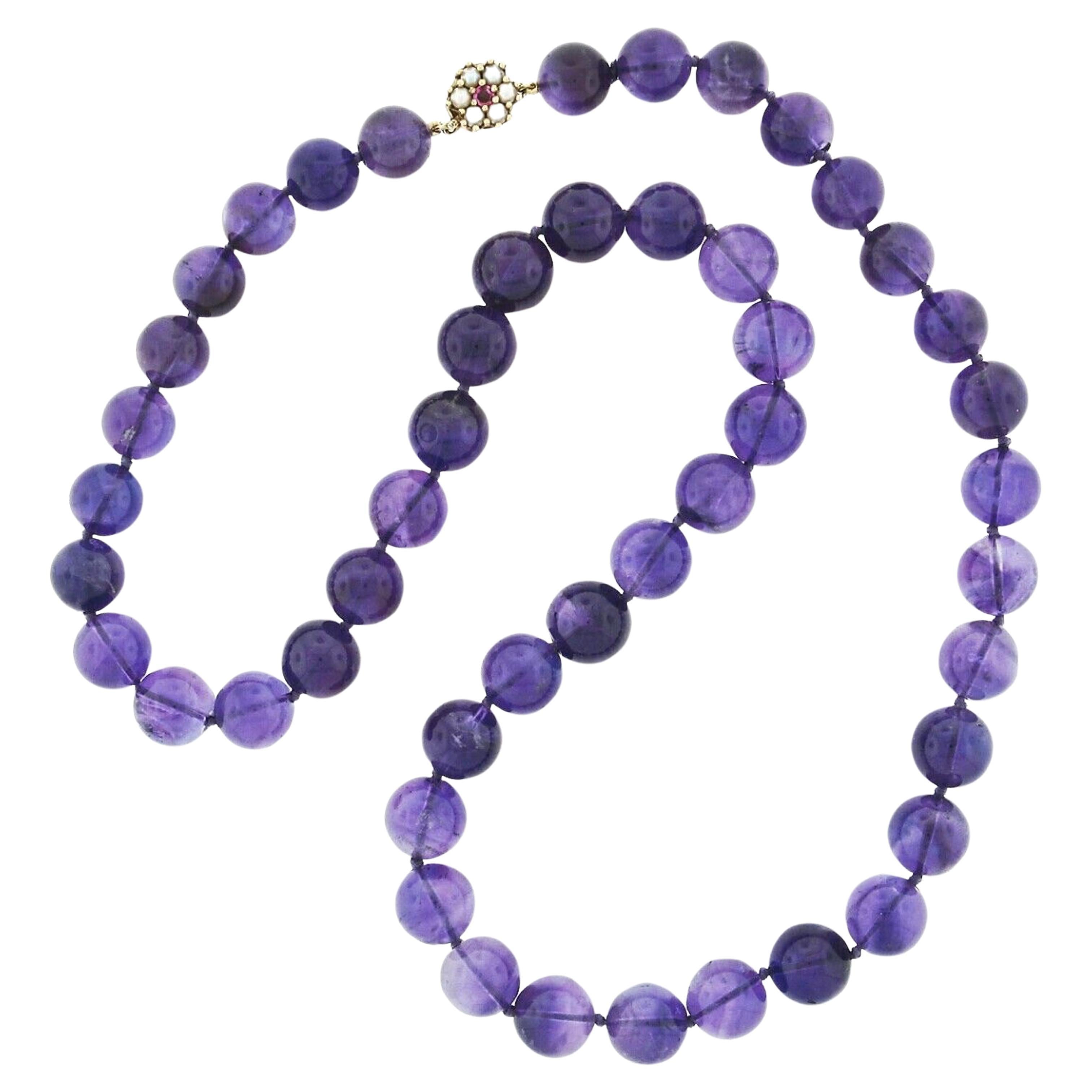 505ctw Round Bead Amethyst Strand Necklace W/ 14k Gold Pearl Ruby Clasp