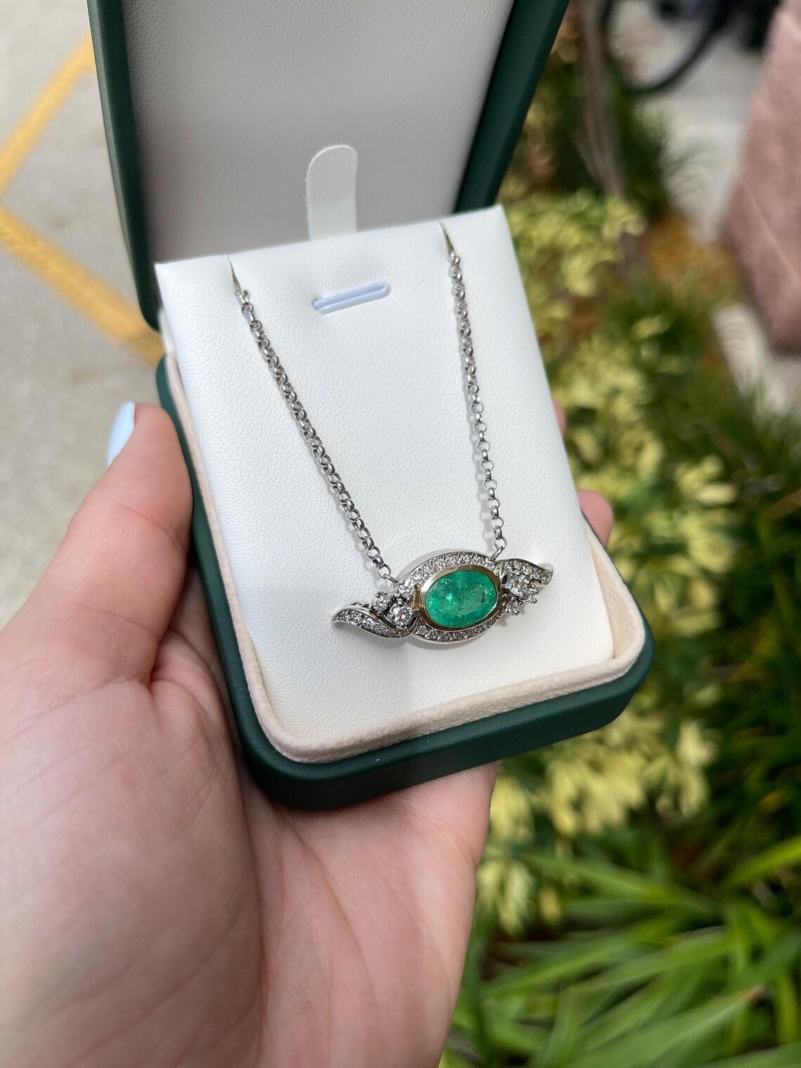 Modern 5.05tcw Vintage Oval Emerald & Diamond Necklace 14K Gold Emerald Anniversary For Sale