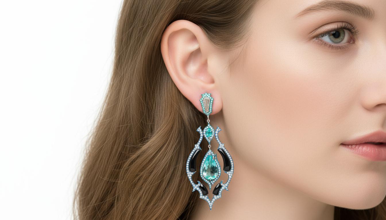 da uomo o donna Orecchini con smeraldo e acquamarina da 5,06 carati, oro bianco 18 carati, Austy Lee in vendita