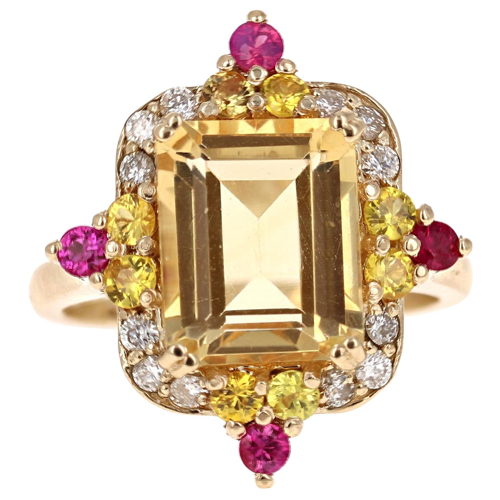 5.06 Carat Emerald Cut Citrine, Sapphire and Diamond 14 Karat Gold Ring