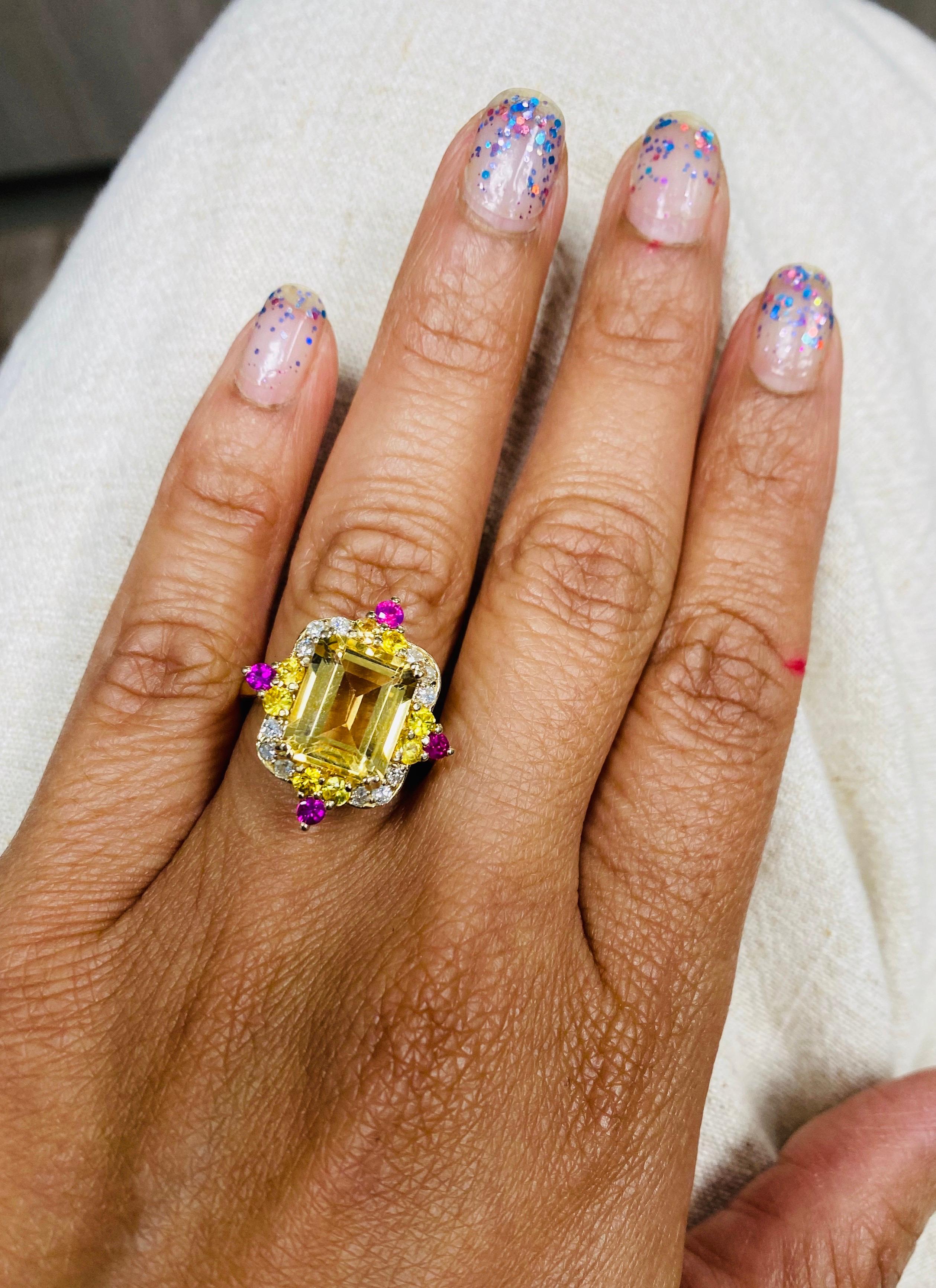 5.06 Carat Emerald Cut Citrine, Sapphire and Diamond 14 Karat Gold Ring In New Condition In Los Angeles, CA