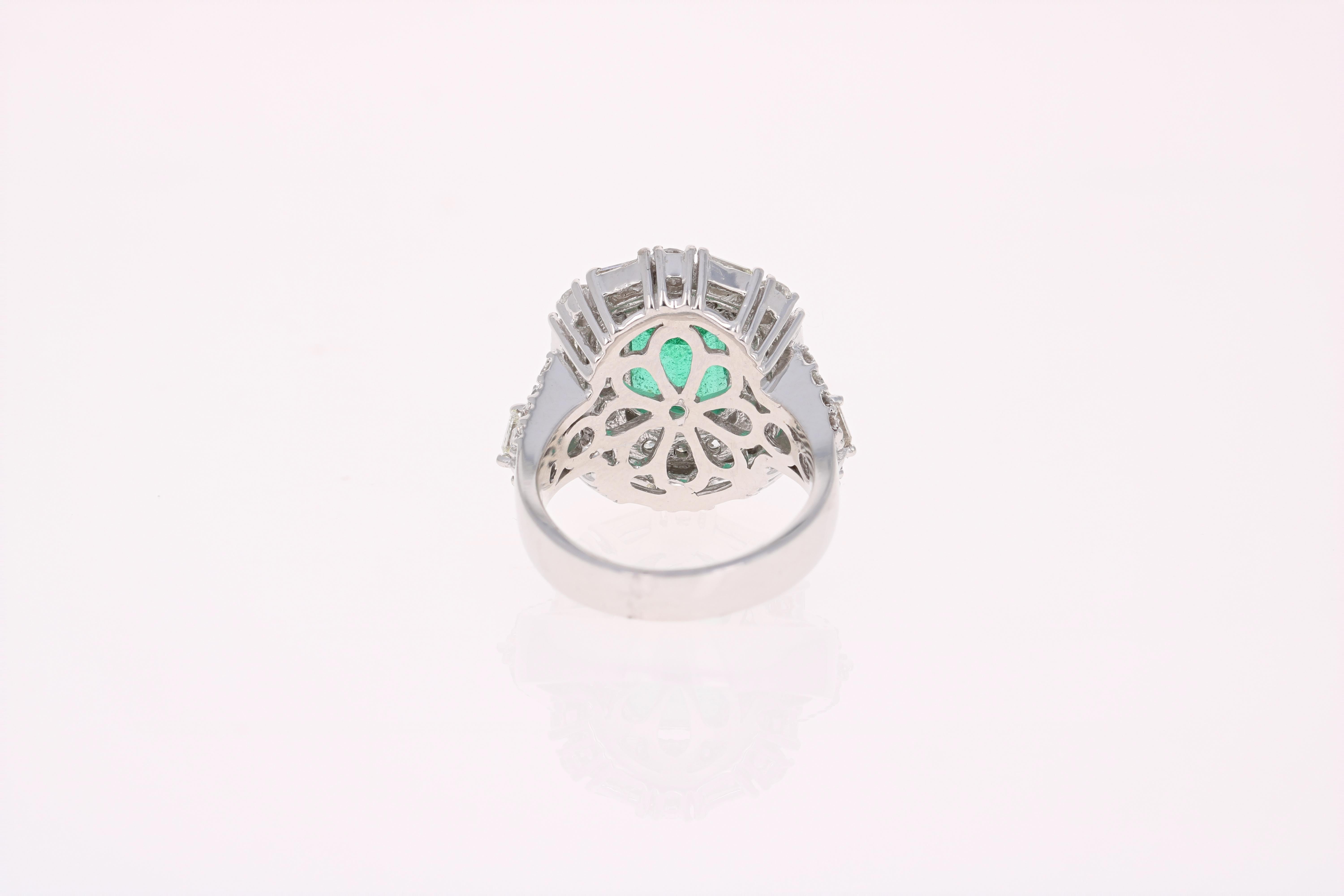 Art Deco GIA Certified Emerald Diamond 18K White Gold Art-Deco Inspired Cocktail Ring For Sale