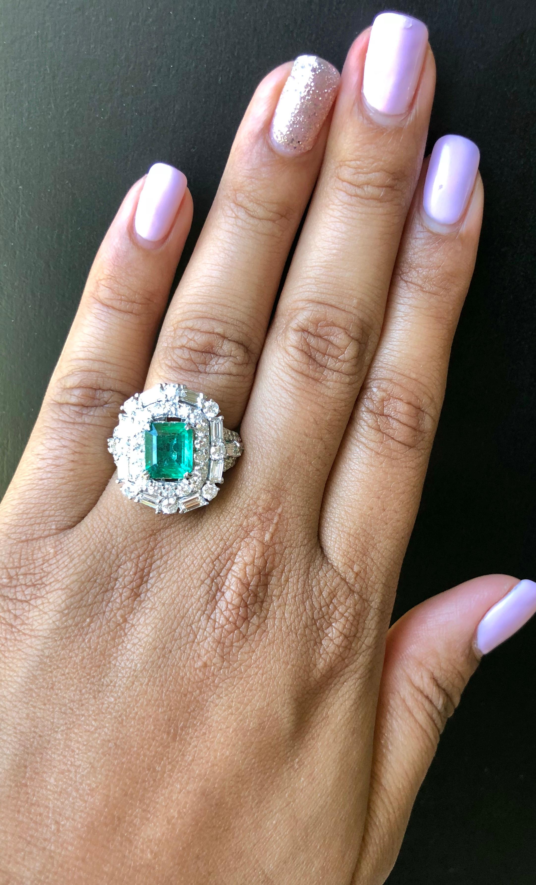 GIA Certified Emerald Diamond 18K White Gold Art-Deco Inspired Cocktail Ring In New Condition For Sale In Los Angeles, CA
