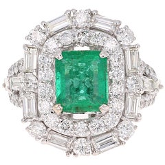 GIA Certified Emerald Diamond 18K White Gold Art-Deco Inspired Cocktail Ring