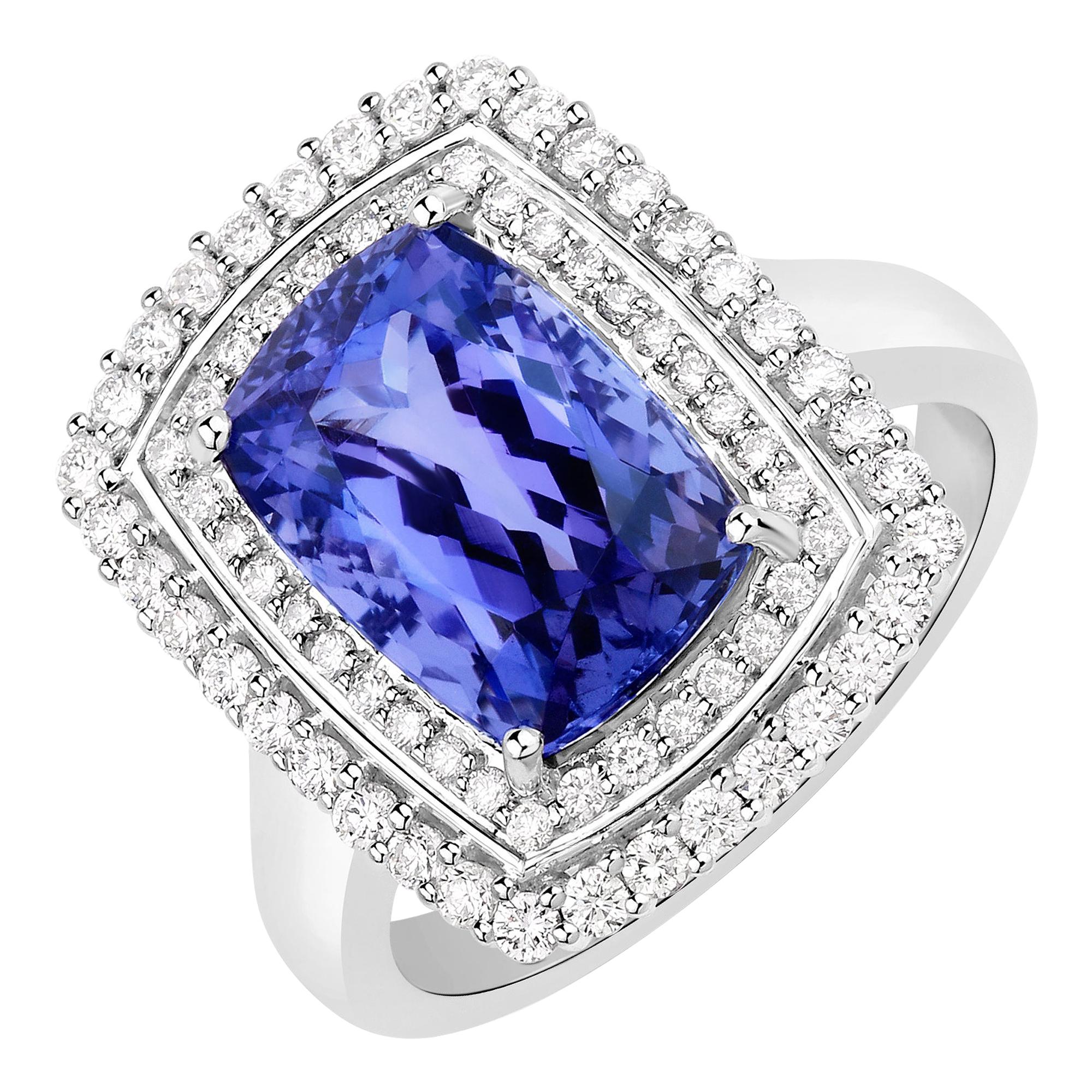 5.06 Carat Genuine Tanzanite and White Diamond 14 Karat White Gold Ring