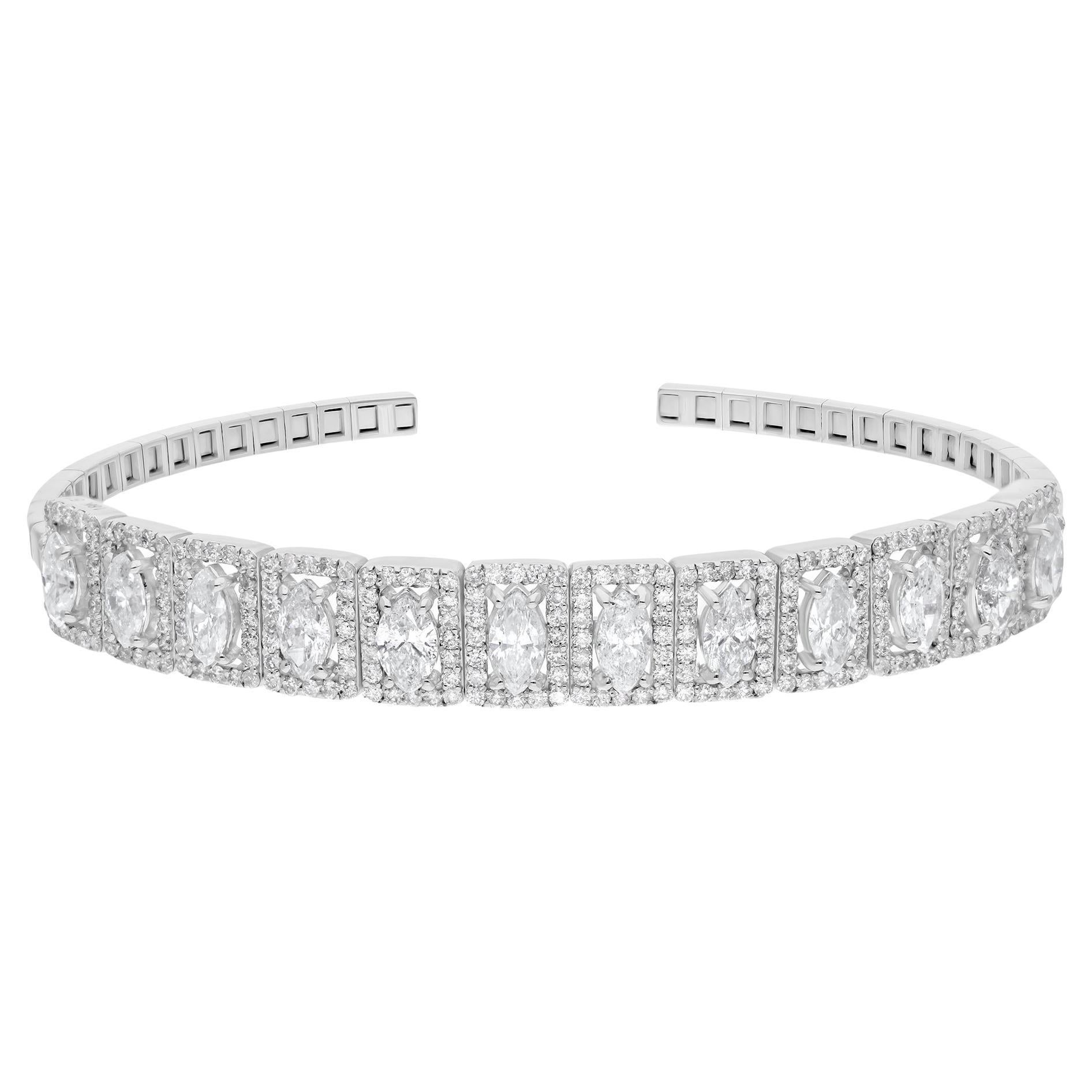 5.06 Carat Marquise Round Diamond Cuff Bangle Fine Bracelet 14 Karat White Gold