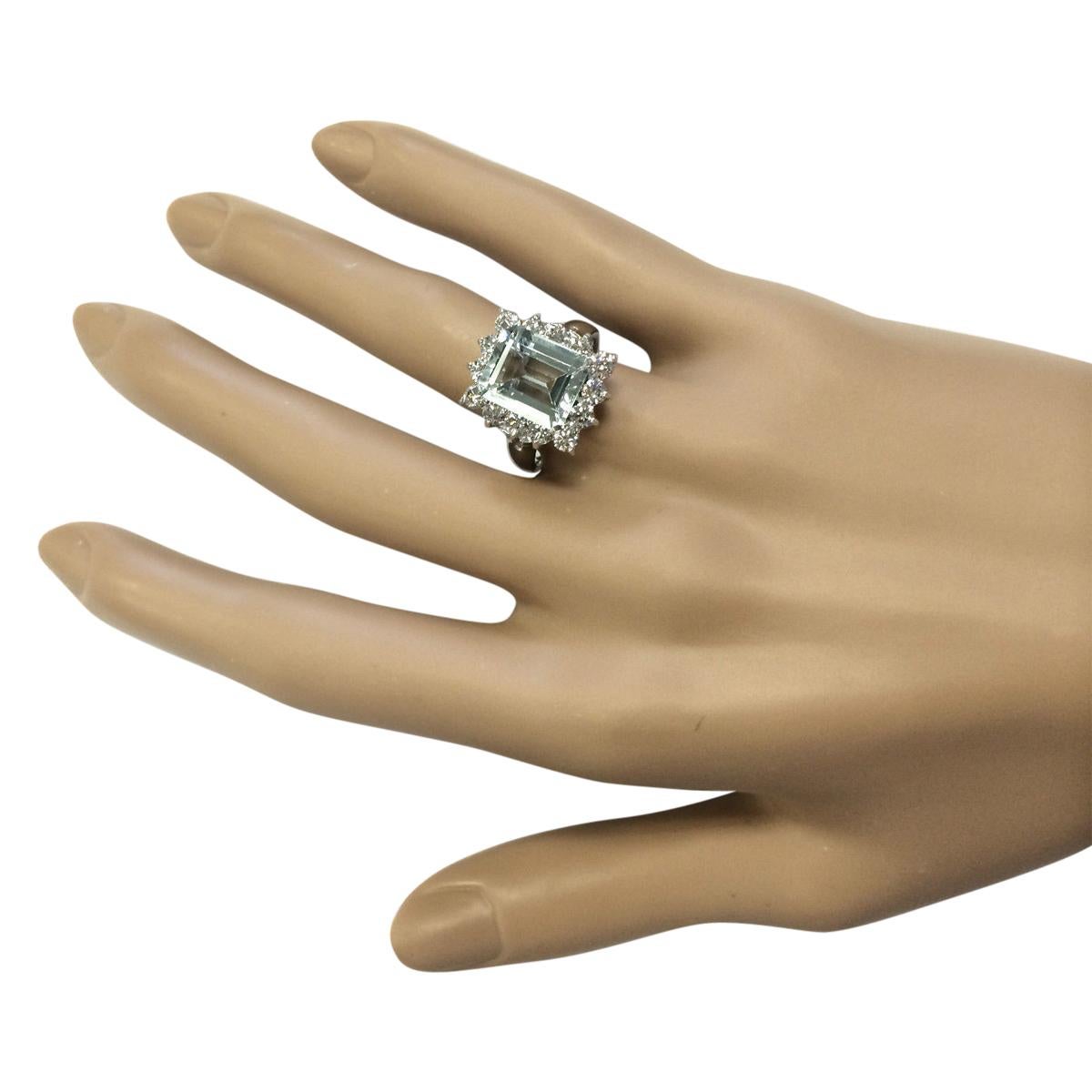 Emerald Cut Natural Aquamarine Diamond Ring In 14 Karat White Gold  For Sale
