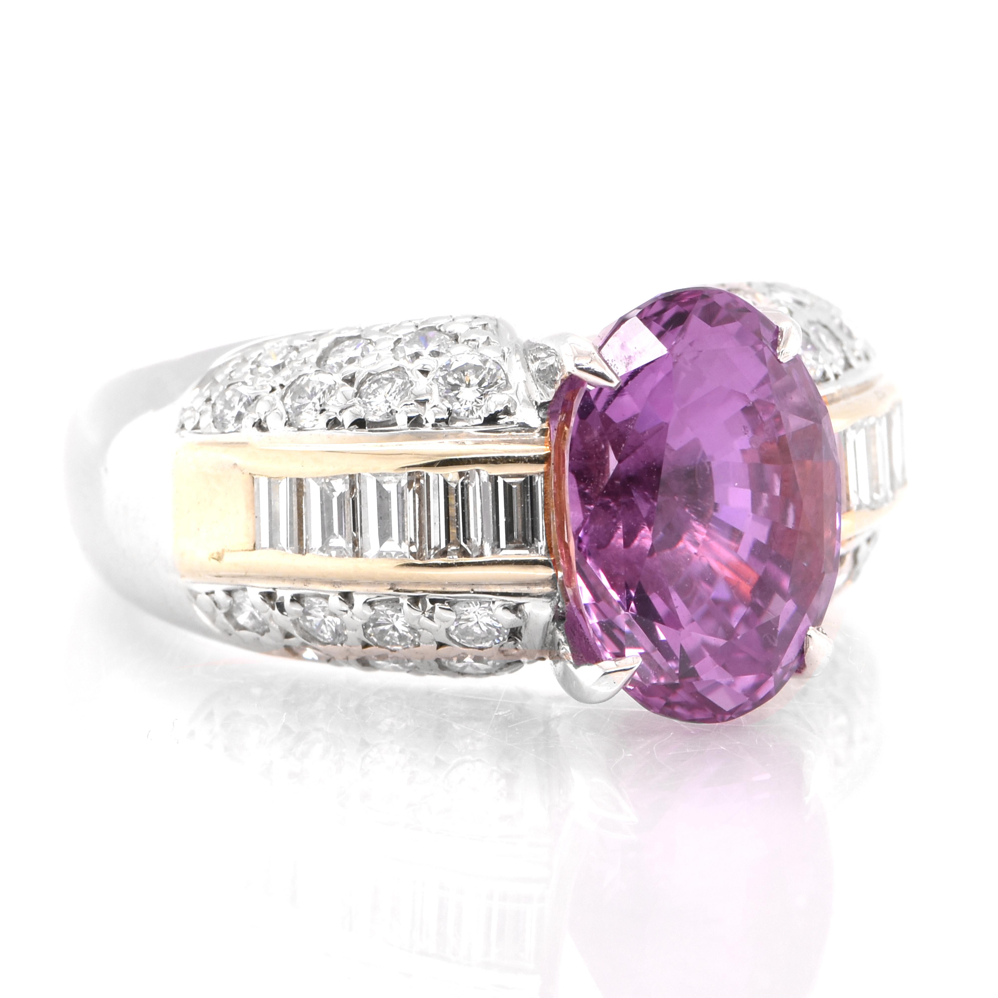 An elegant Cocktail ring with a GRS lab certified 5.06 Carat, Natural Pink Sapphire and 0.95 Carats of Diamond Accents set in both 18K Gold and Platinum. Sapphires have extraordinary durability - they excel in hardness as well as toughness and