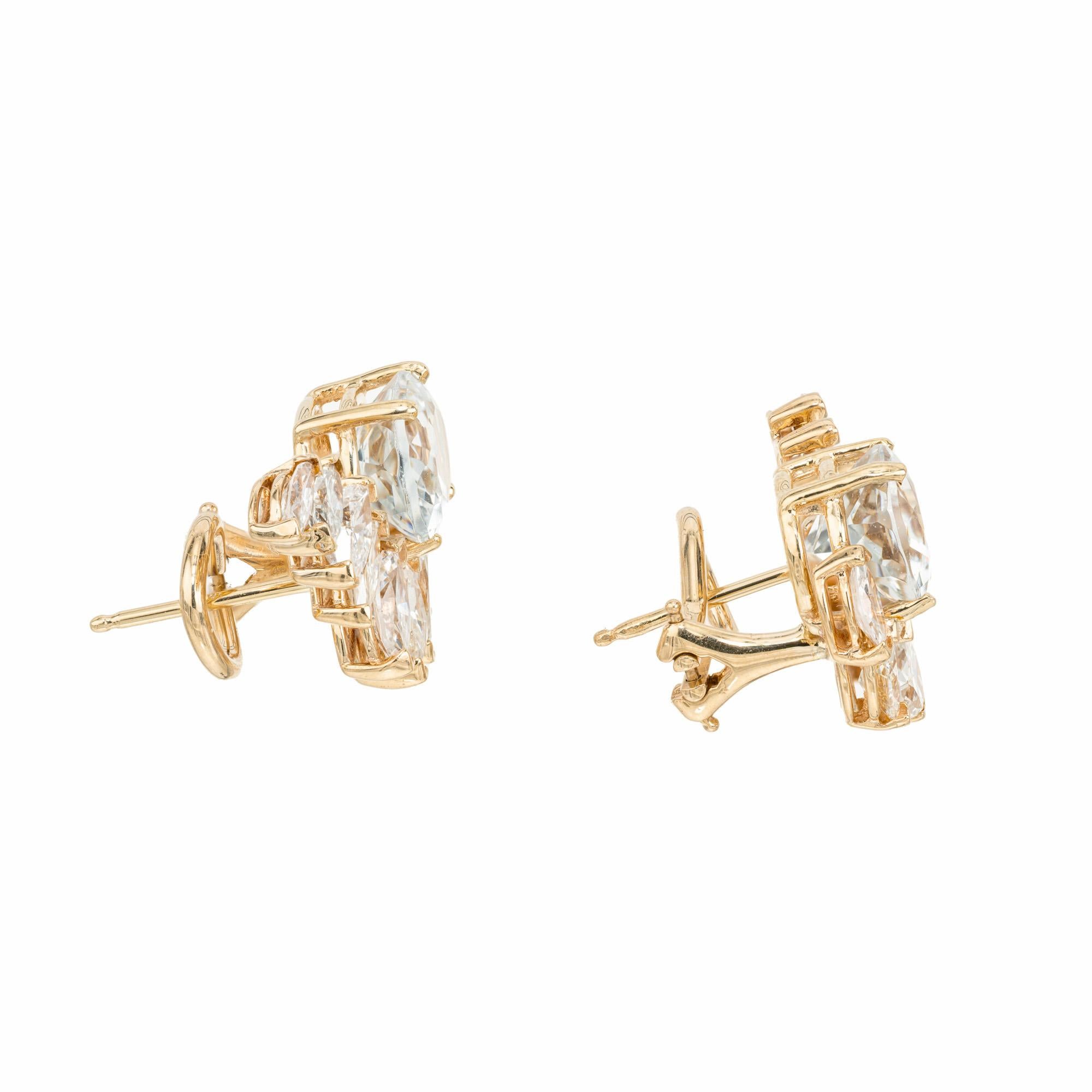 Découvrez l'allure enchanteresse de nos boucles d'oreilles en or jaune avec aigue-marine et diamant de 5,06ct, où l'opulence rencontre l'élégance. Chaque boucle d'oreille est sertie d'un aqua ovale rehaussé de neuf diamants de forme marquise. Ces