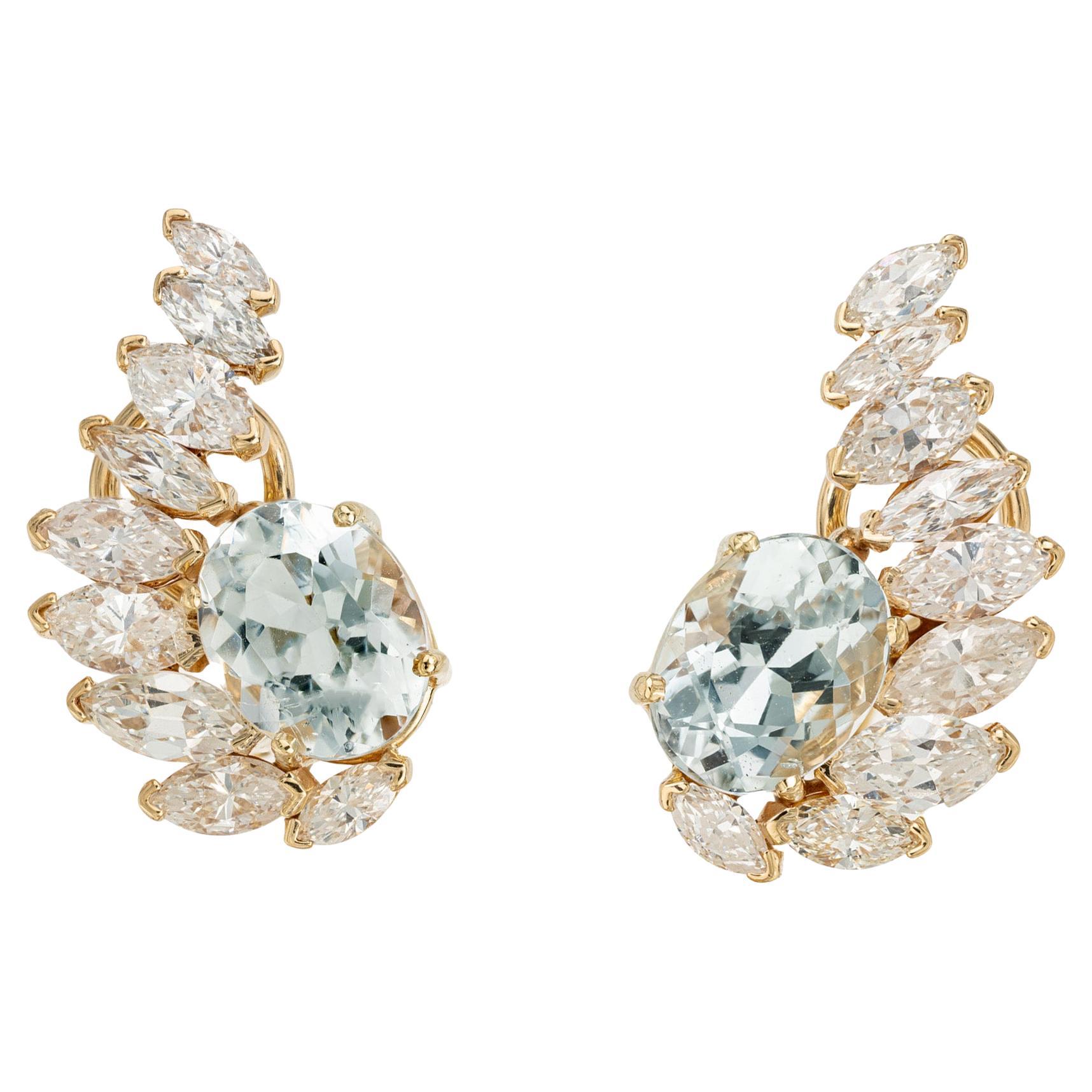 5.06 Carat Oval Aquamarine Diamond Yellow Gold Clip Post Earrings