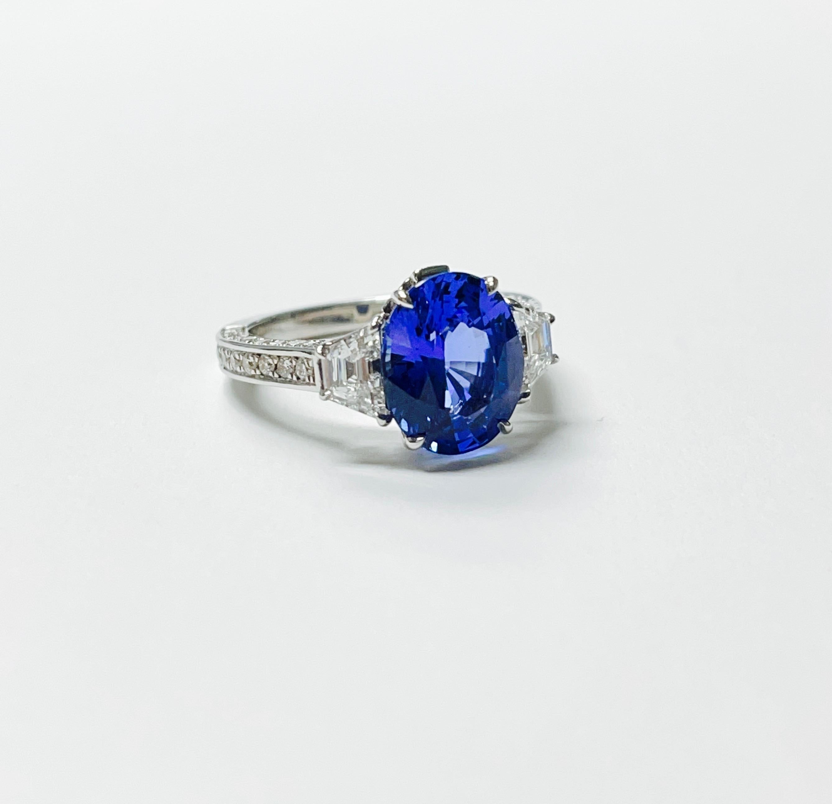 5.06 Carat Oval Blue Sapphire and Diamond Engagement Ring C.Dunaigre Certified. For Sale 4