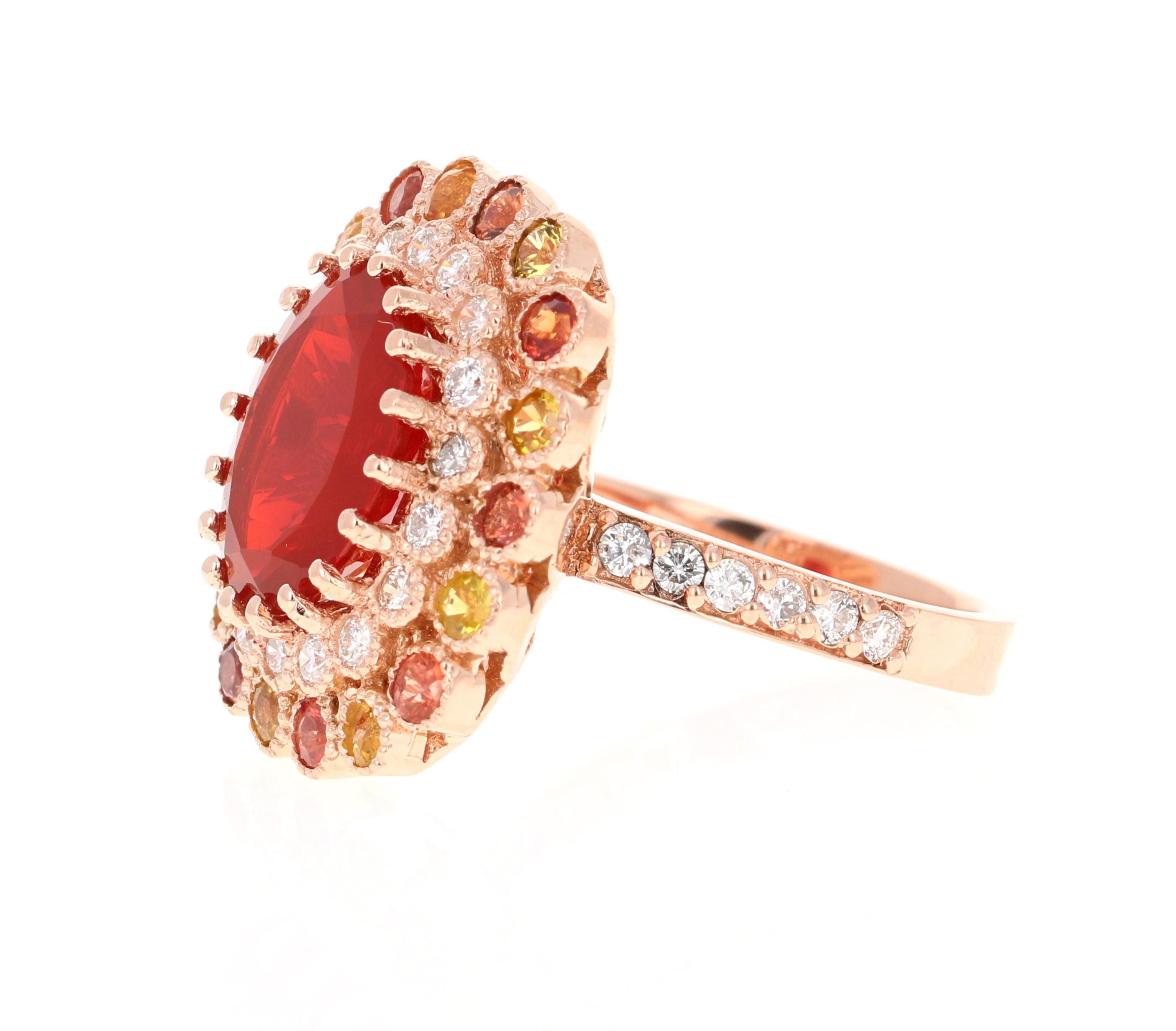 Contemporary 5.06 Carat Fire Opal Sapphire Diamond 14K Rose Gold Cocktail Ring