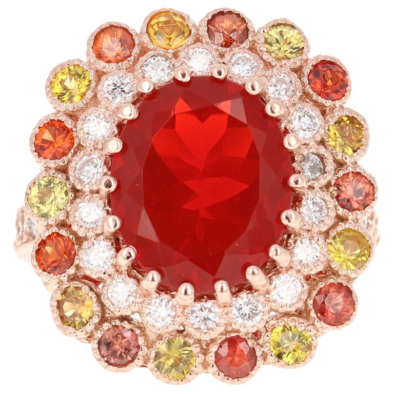 5.06 Carat Fire Opal Sapphire Diamond 14K Rose Gold Cocktail Ring at ...