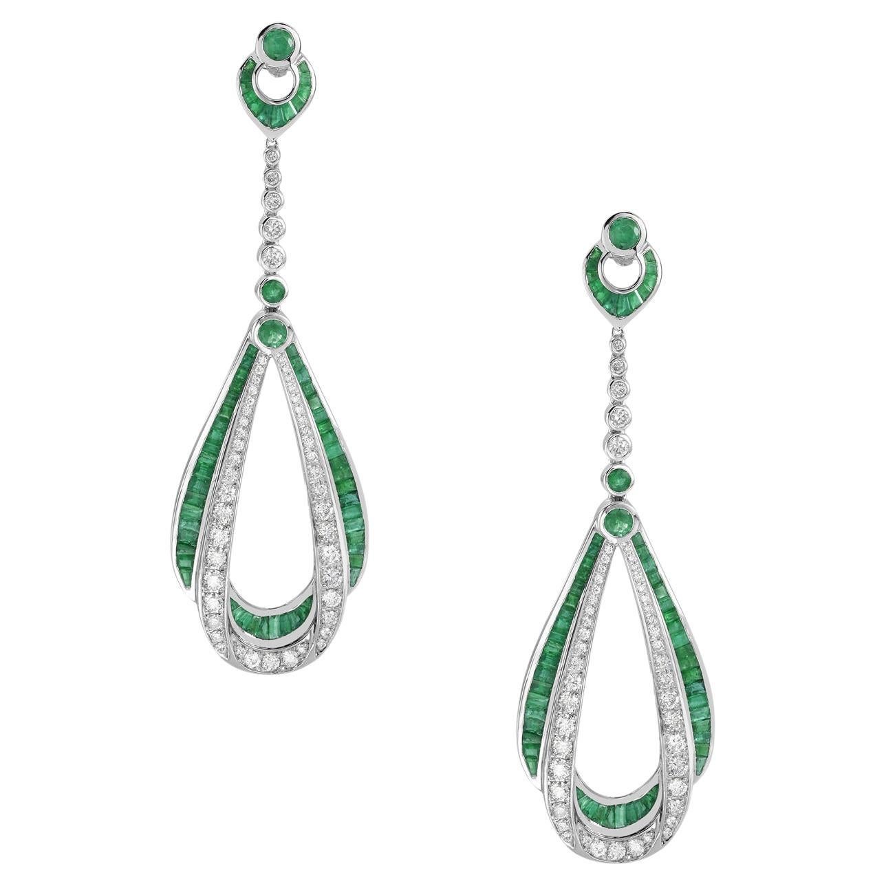 5.06 Ct Emerald & Diamond Dangle Earrings Made In 18k White Gold For Sale