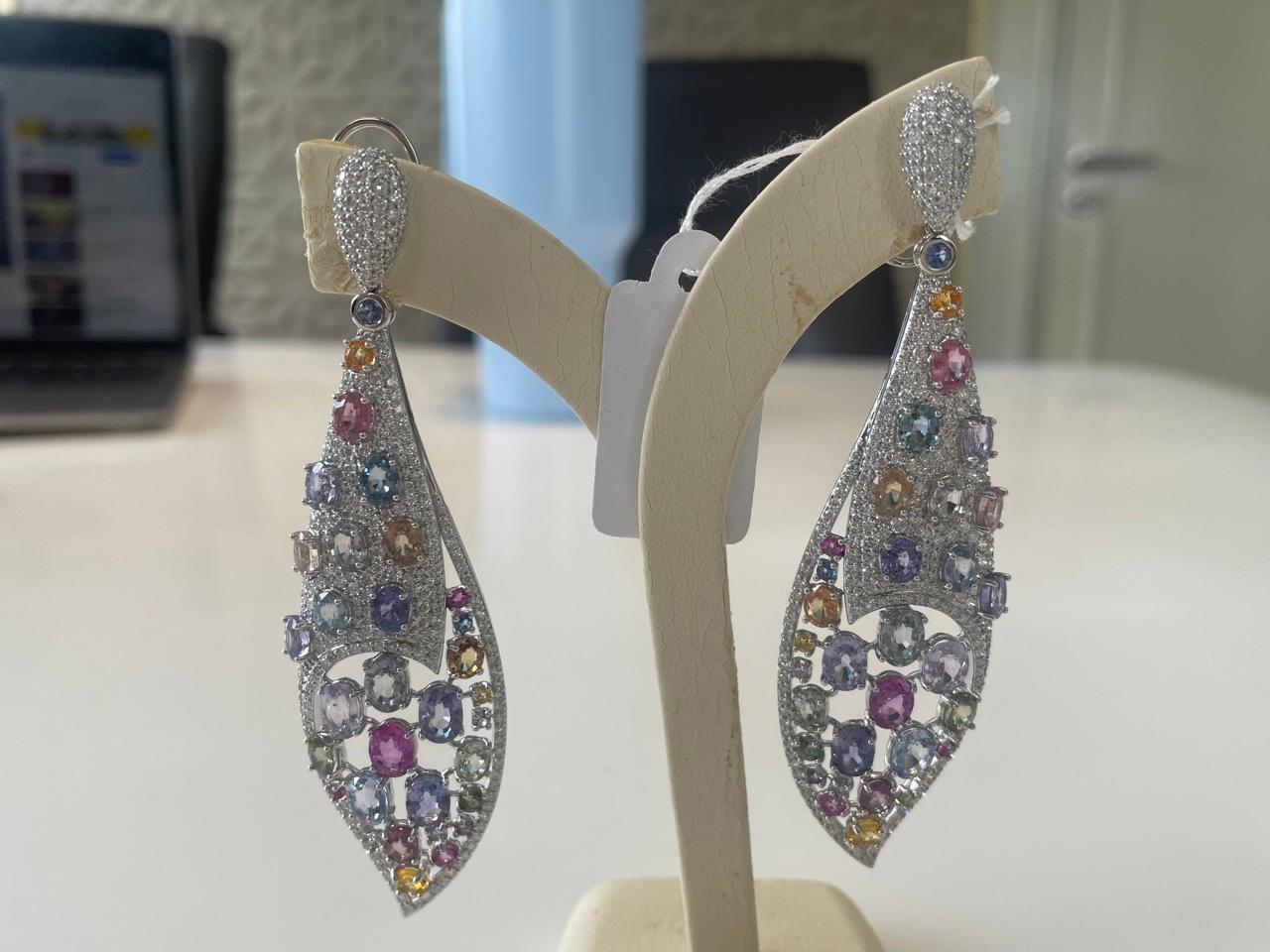 Oval Cut 50.62 Carats Multi-Sapphire Diamond Chandelier Earrings For Sale