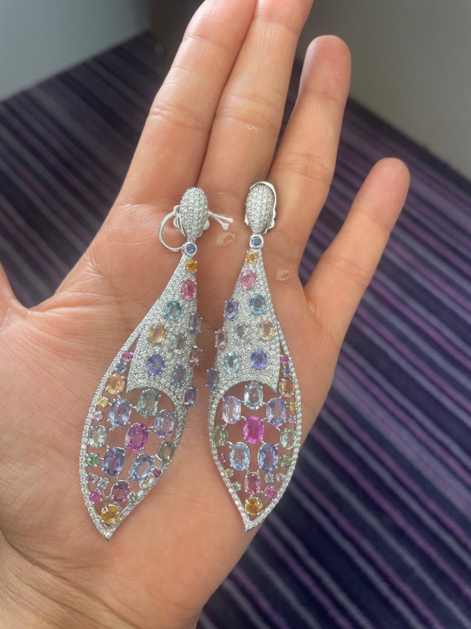 Women's 50.62 Carats Multi-Sapphire Diamond Chandelier Earrings For Sale