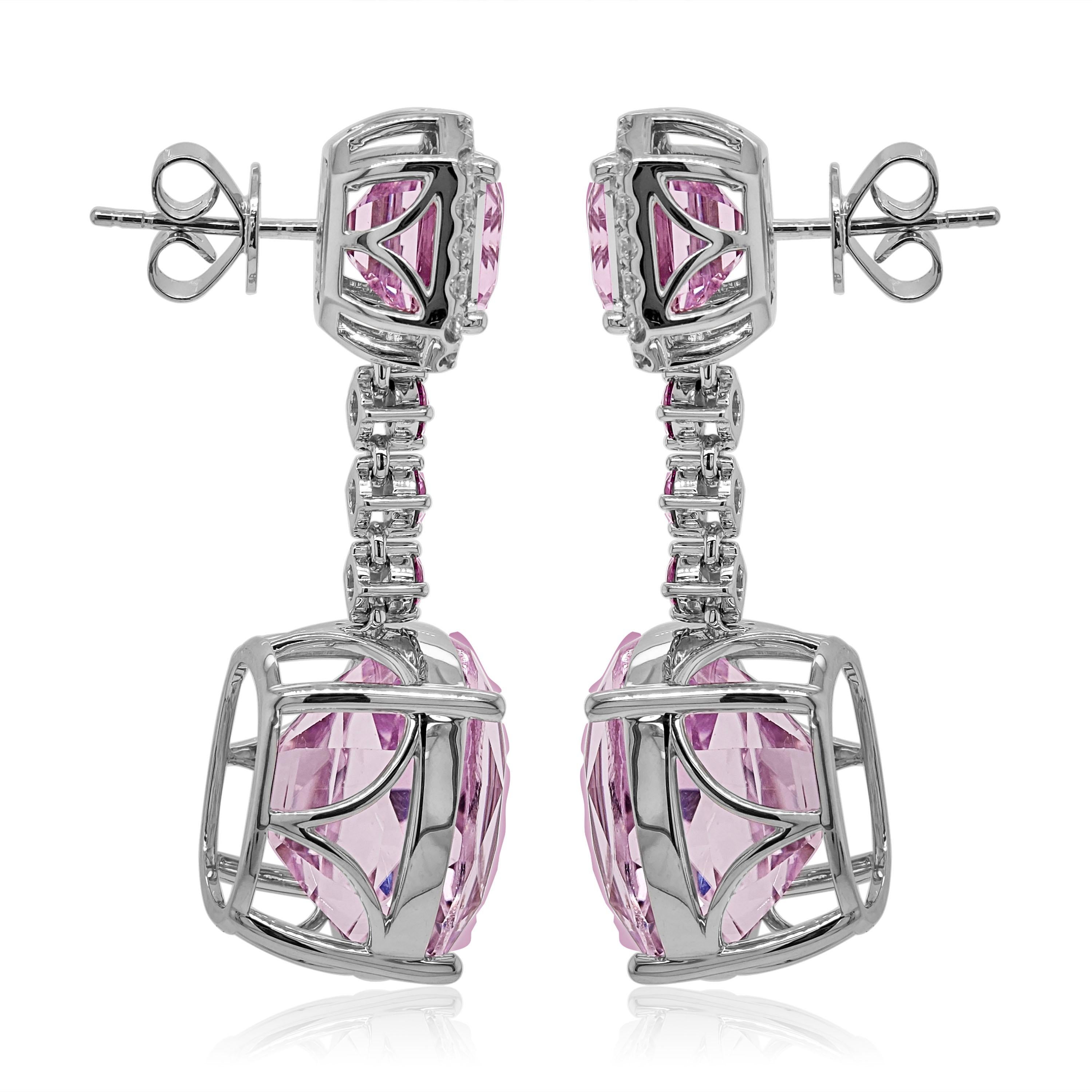 4 Kunzite Gemstones: 49.4 Carats
6 Pink Sapphire Gemstones: 0.6 Carat, Round Cut
40 White Diamonds: 0.65 Carat, Round Cut
Metal: 18K White Gold, 14.90 Grams
