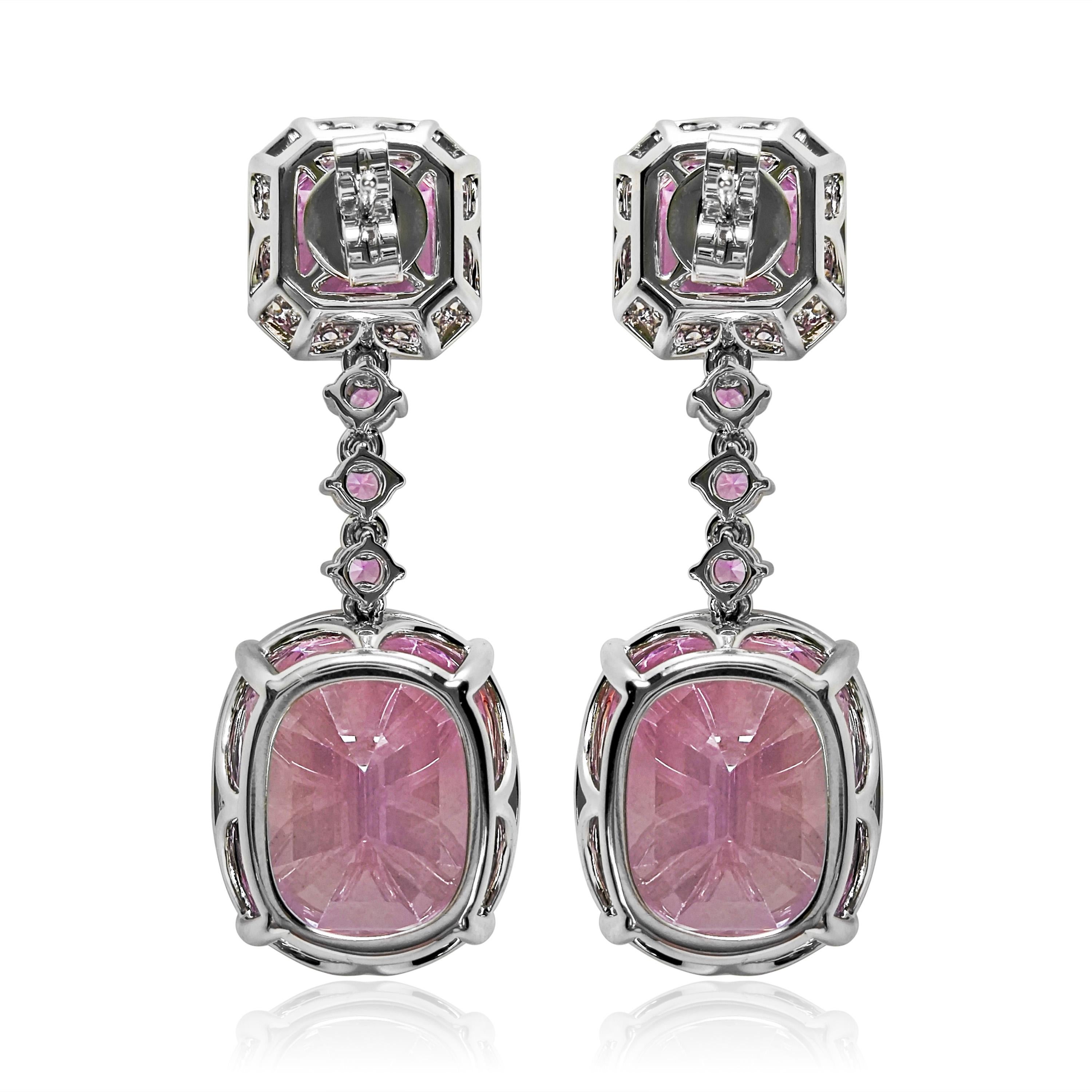Mixed Cut 50.65 Carats Kunzite, Pink Sapphire, and White Diamond White Gold Earrings For Sale