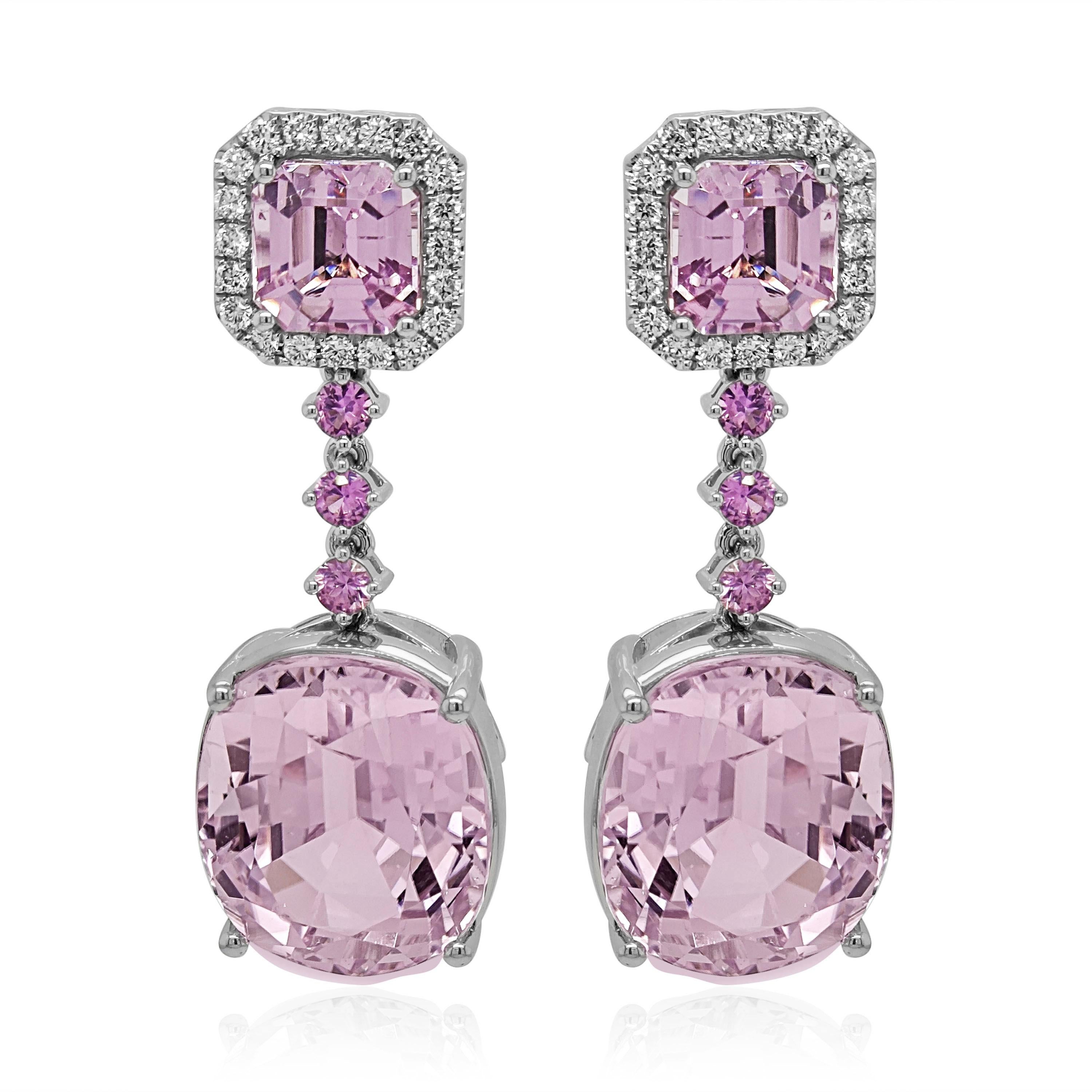 50.65 Carats Kunzite, Pink Sapphire, and White Diamond White Gold Earrings In New Condition For Sale In New York, NY