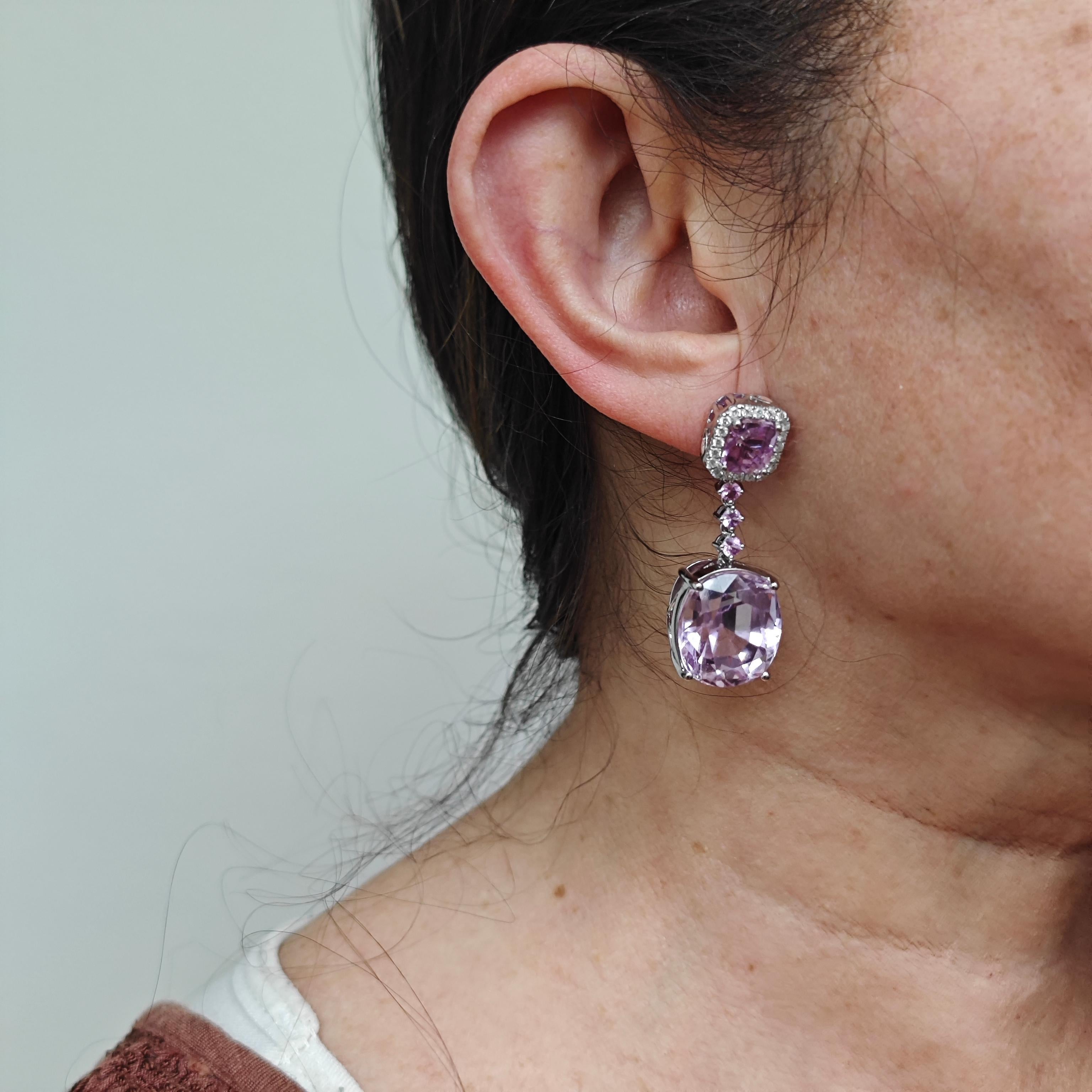 Women's 50.65 Carats Kunzite, Pink Sapphire, and White Diamond White Gold Earrings For Sale