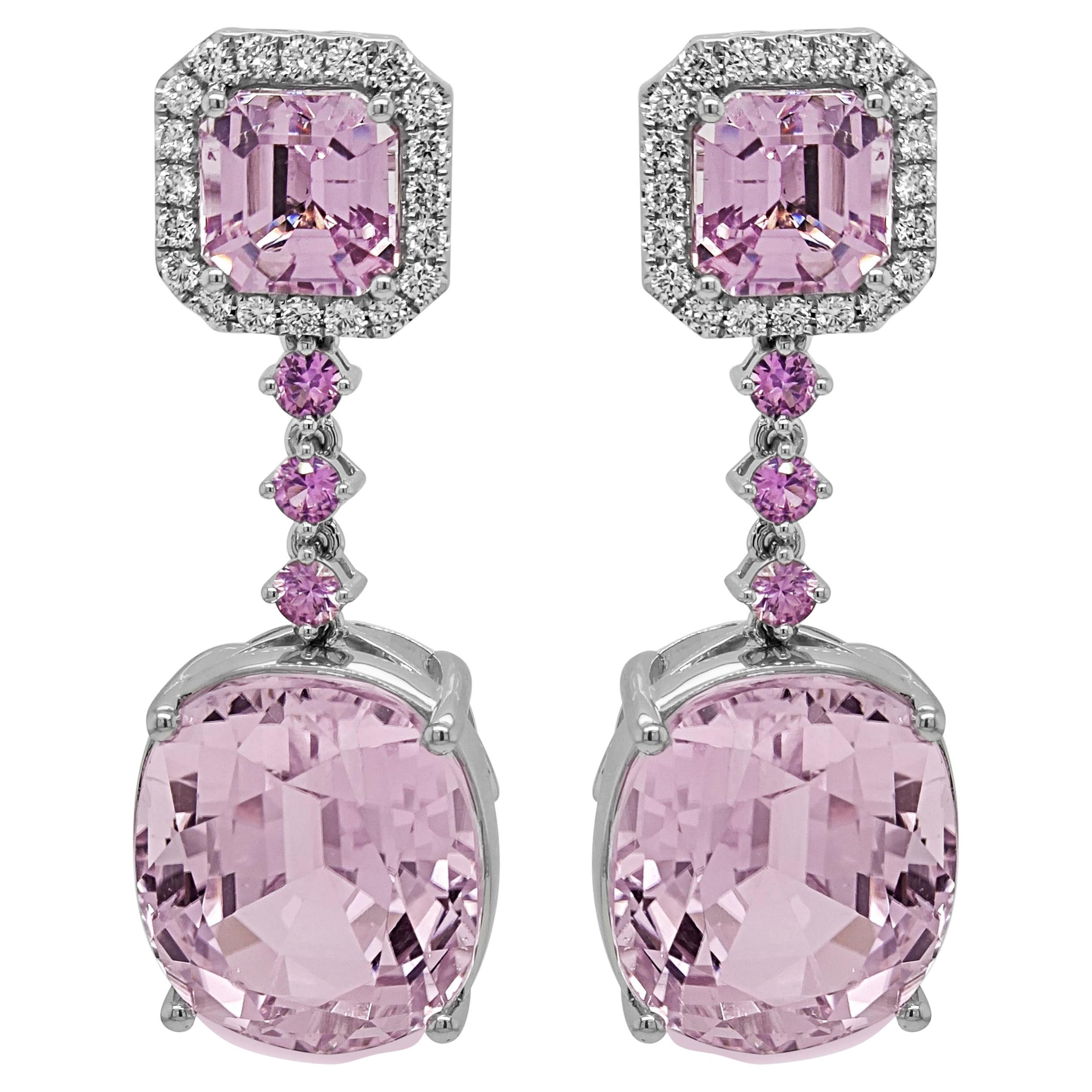50.65 Carats Kunzite, Pink Sapphire, and White Diamond White Gold Earrings For Sale