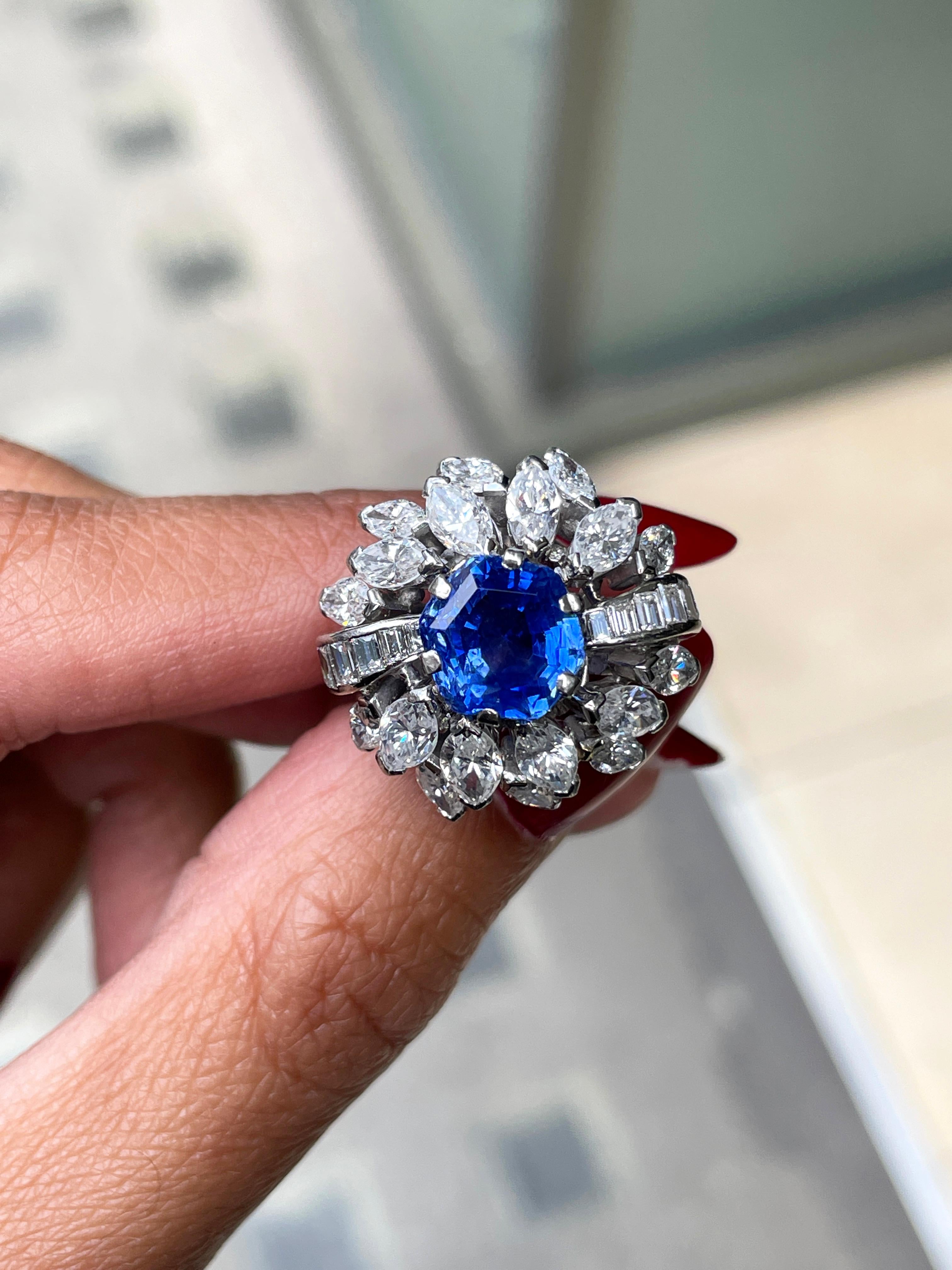 Retro 5.06 Carat Blue Sapphire and Diamond Platinum Cluster Cocktail Ring For Sale