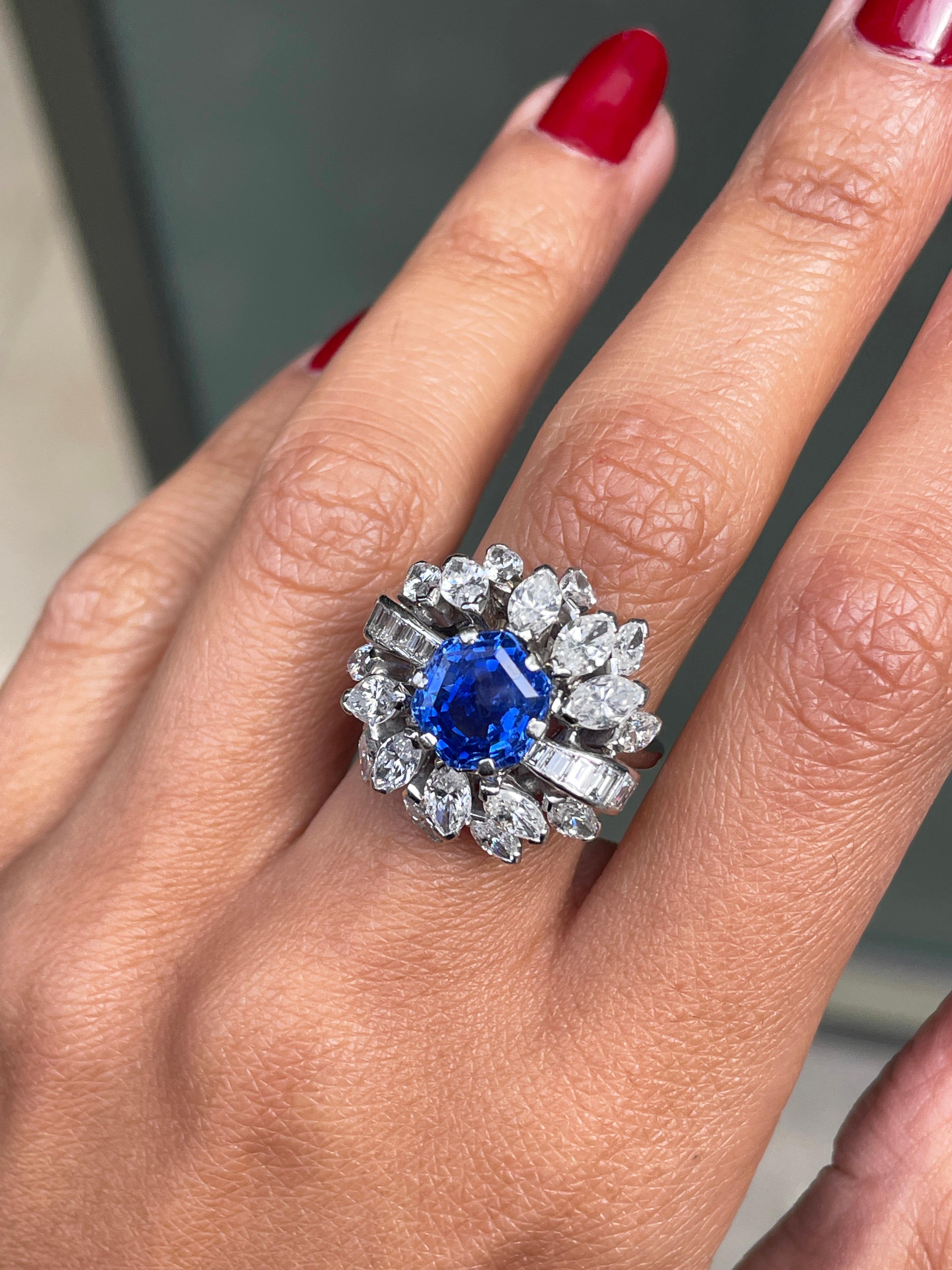 Women's 5.06 Carat Blue Sapphire and Diamond Platinum Cluster Cocktail Ring For Sale