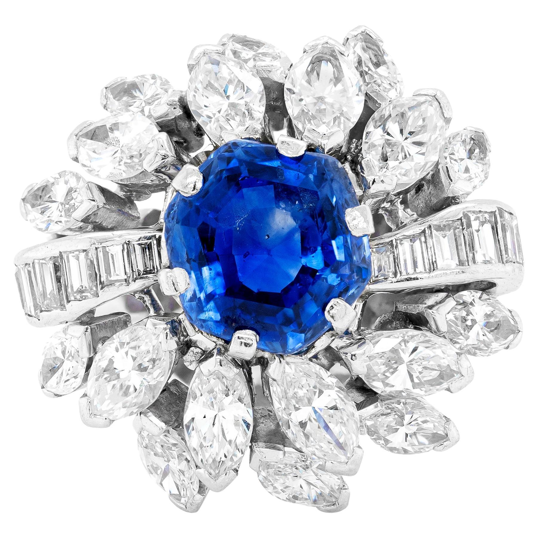 5.06 Carat Blue Sapphire and Diamond Platinum Cluster Cocktail Ring For Sale