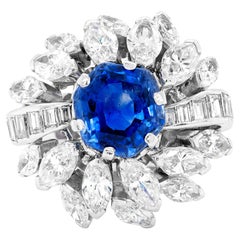 Retro 5.06 Carat Blue Sapphire and Diamond Platinum Cluster Cocktail Ring