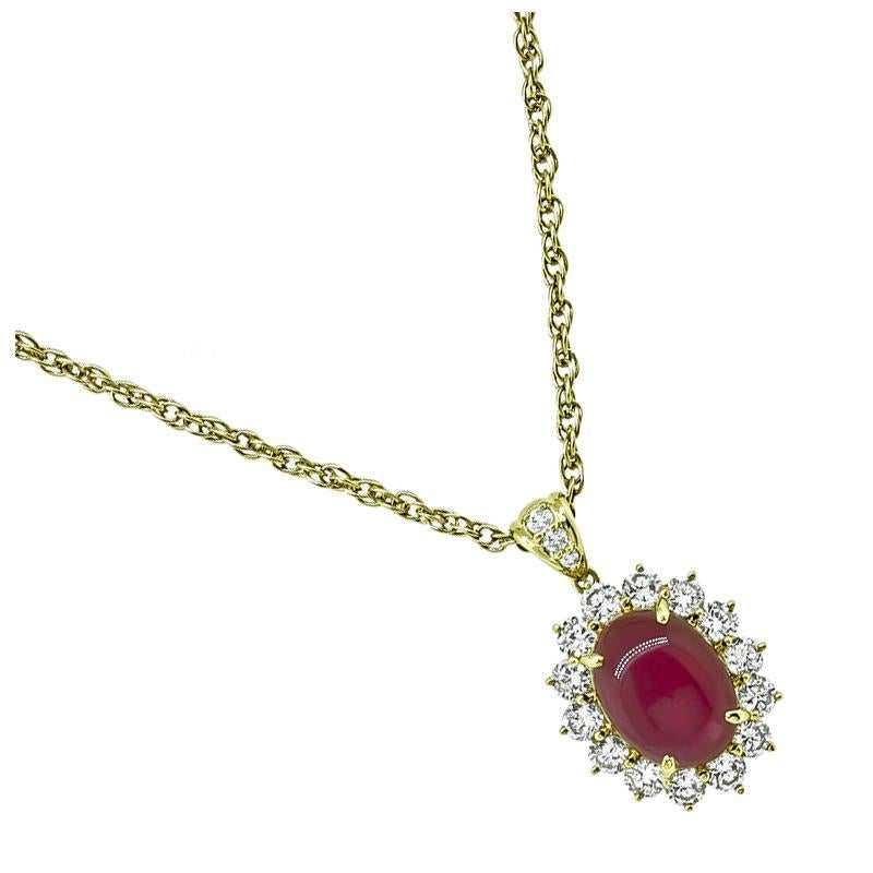 Cabochon 5.06ct Burma Ruby 1.40ct Diamond Gold Pendant Necklace For Sale
