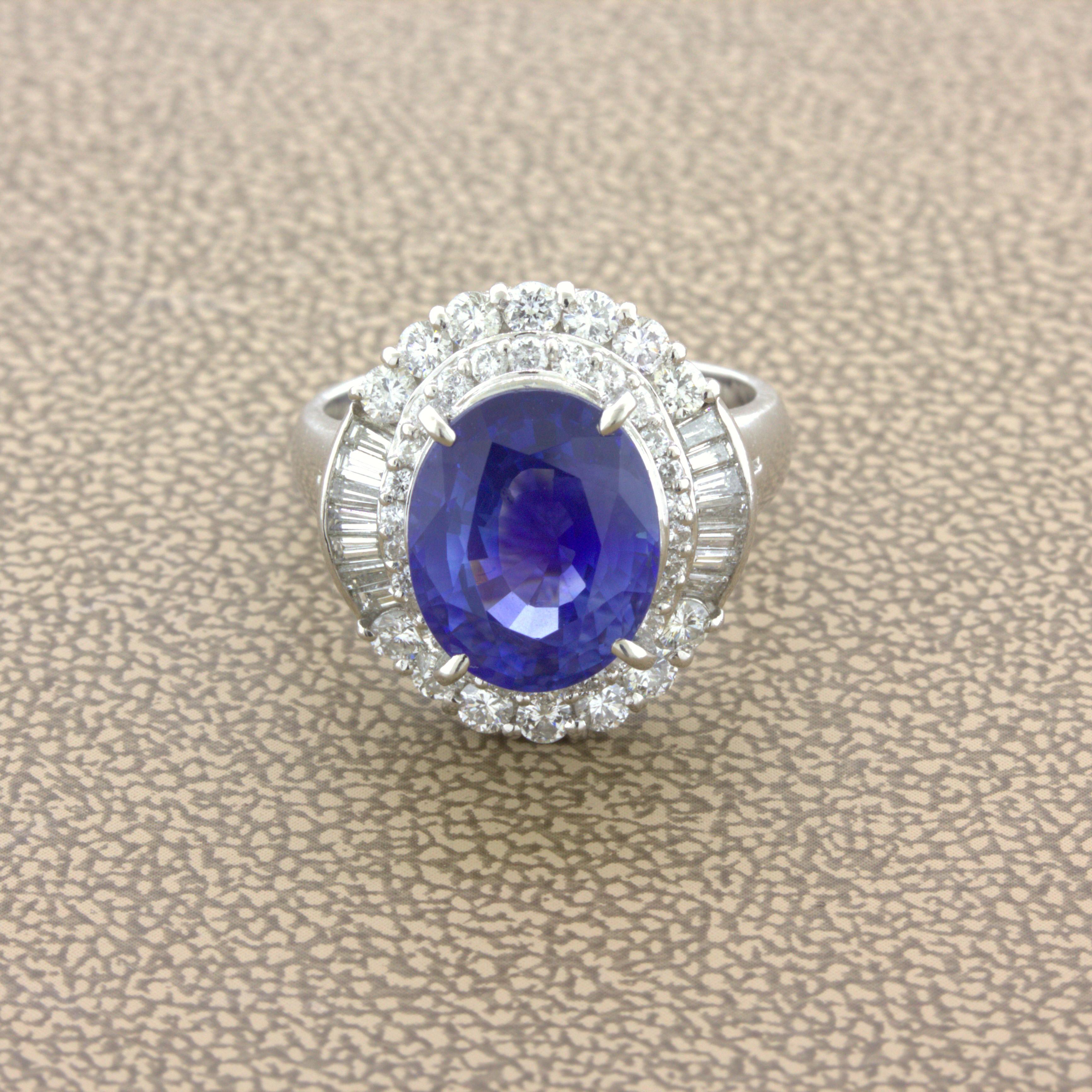 Dive into this 5.07 carat pool of brilliant blue sapphire! The 5 carat gem sapphire has a rich pure blue color that shines brightly in the light. It is complemented by 1.05 carats of baguette and round brilliant-cut diamonds set in a stylish pattern