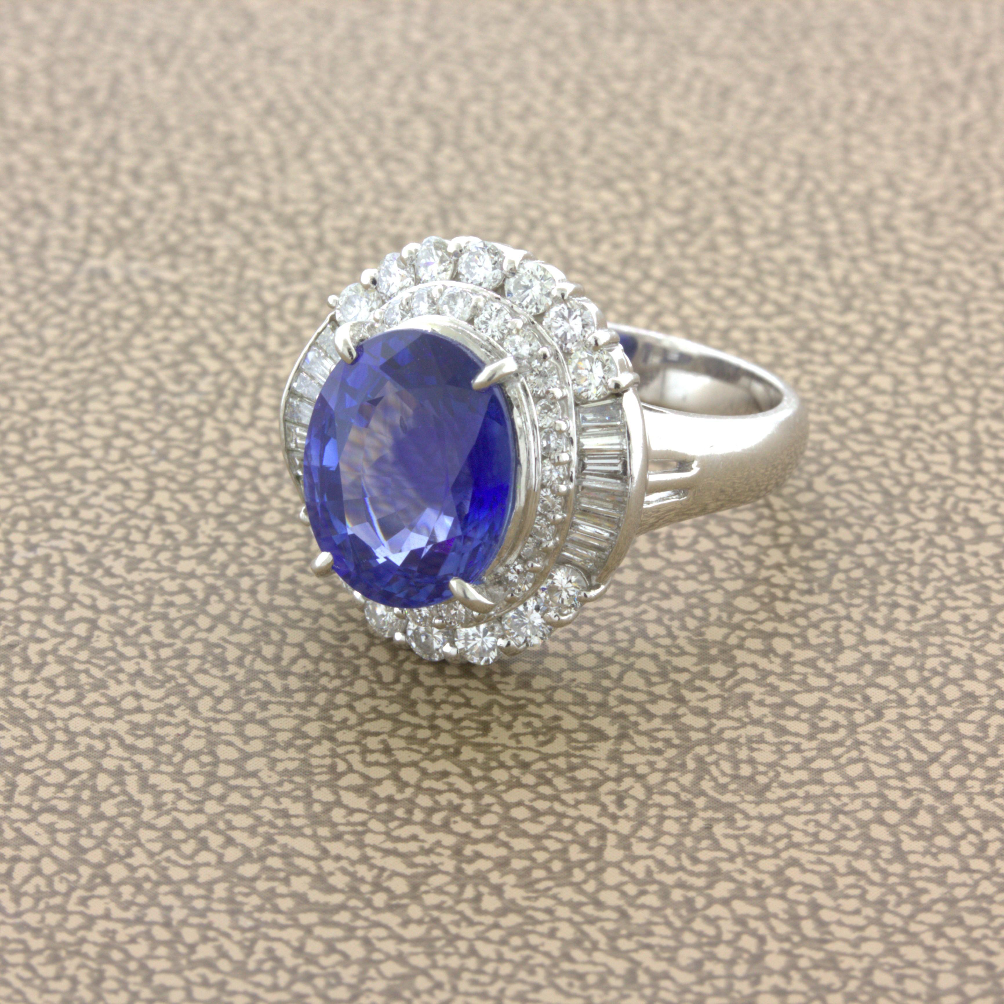Oval Cut 5.07 Carat Blue Sapphire Diamond Platinum Ring For Sale