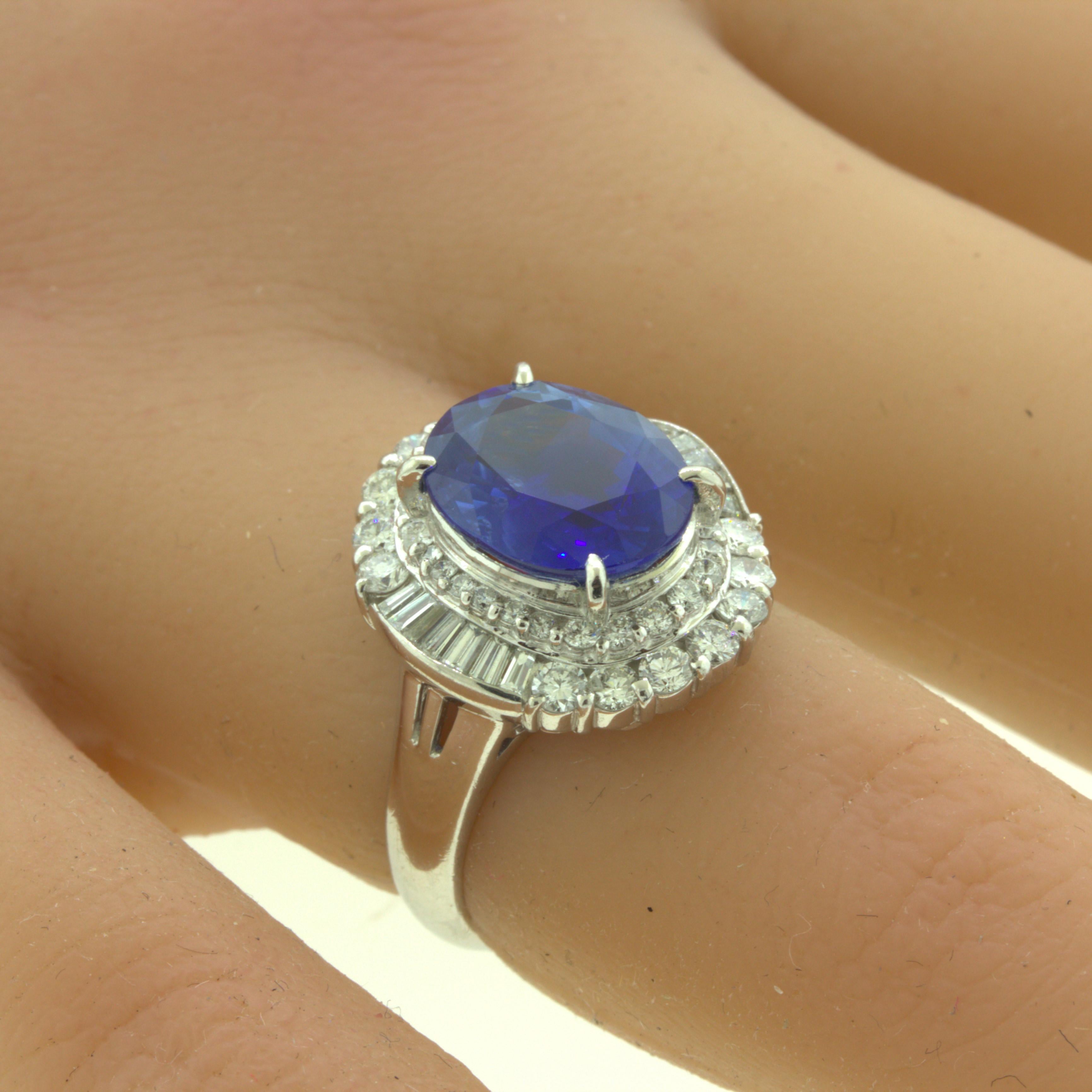 Women's 5.07 Carat Blue Sapphire Diamond Platinum Ring For Sale