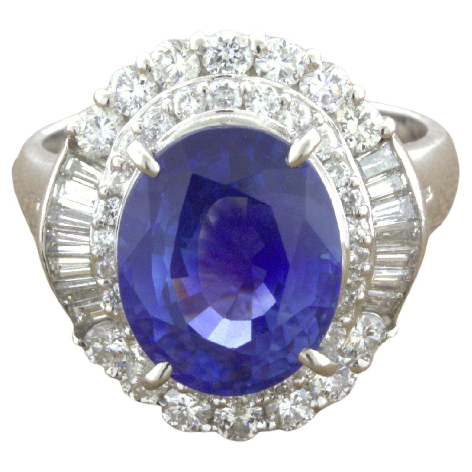 5.07 Carat Blue Sapphire Diamond Platinum Ring For Sale