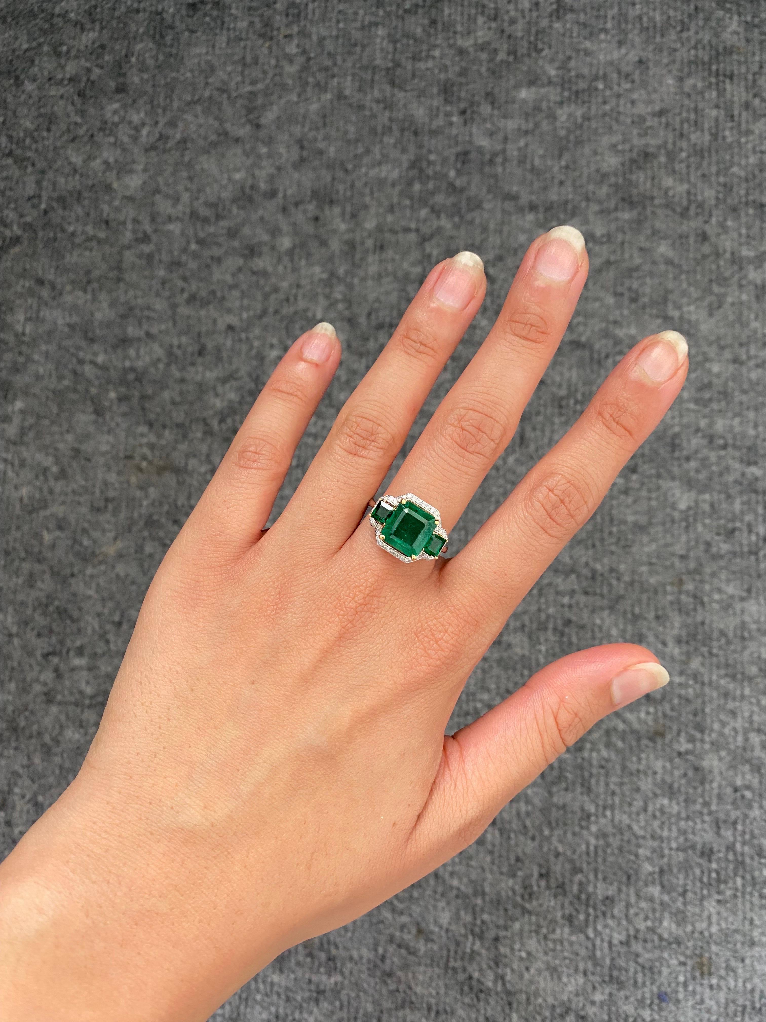 5.07 Carat Emerald and Diamond Three Stone Cocktail Ring For Sale 5