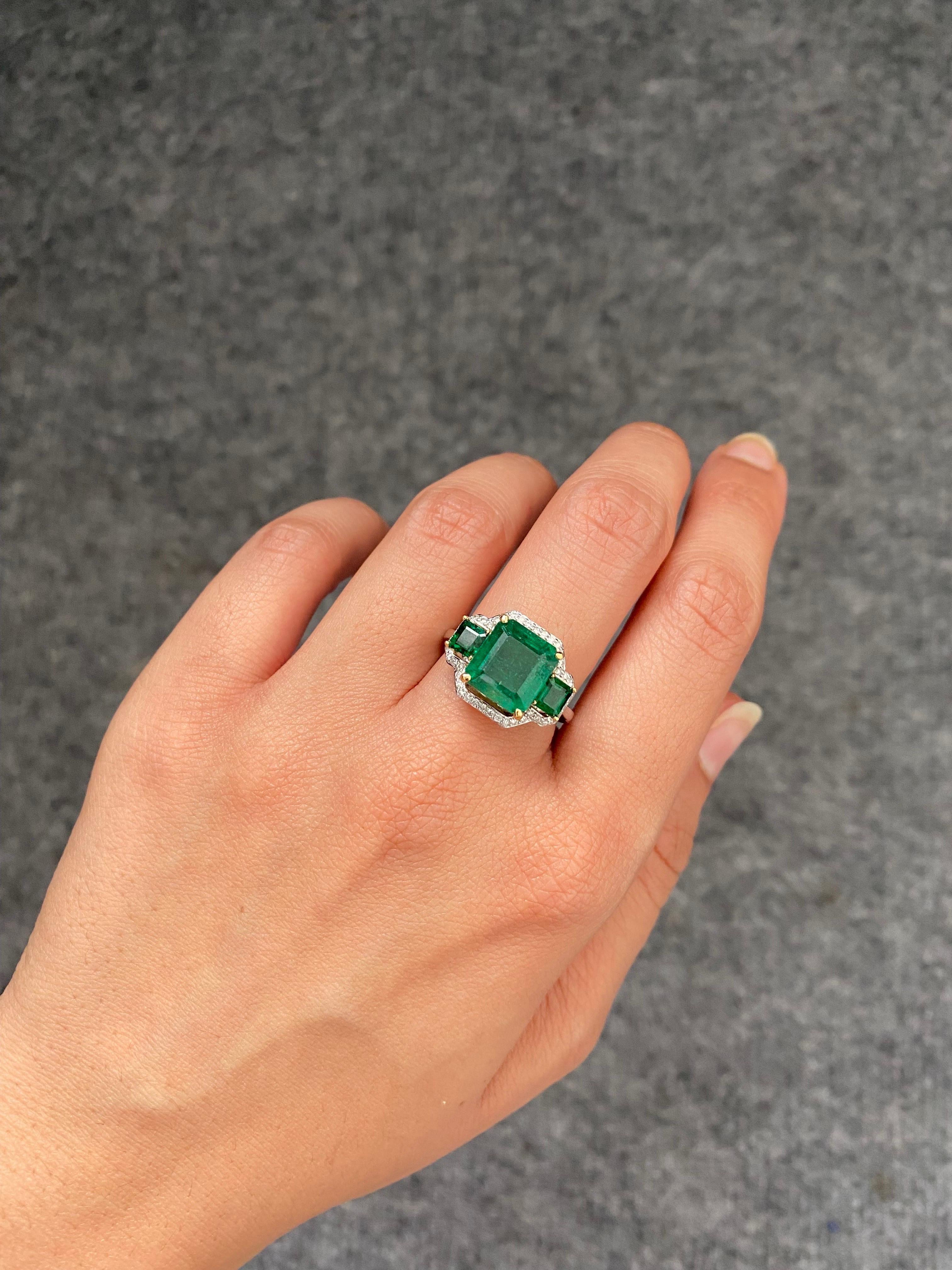 5.07 Carat Emerald and Diamond Three Stone Cocktail Ring For Sale 6